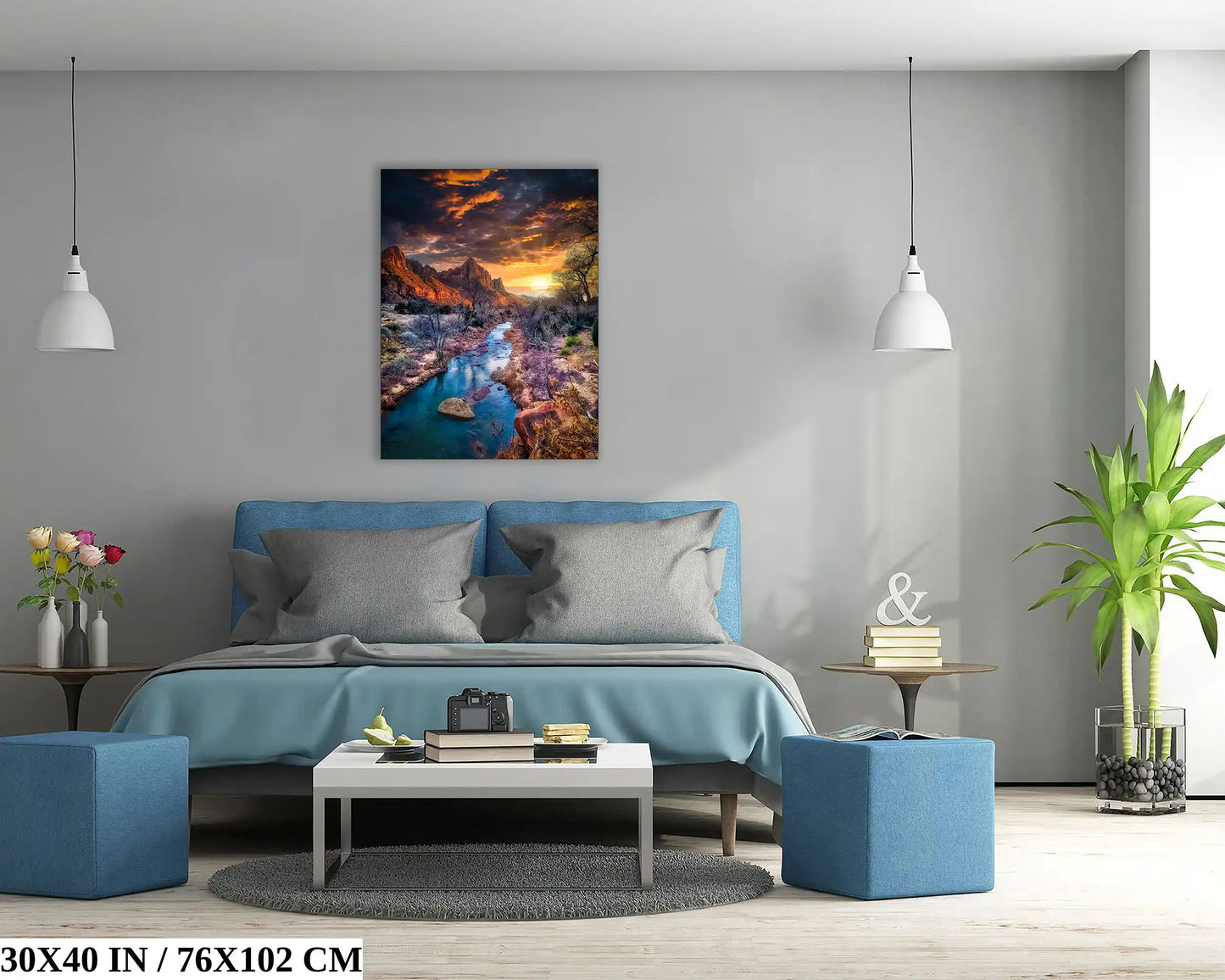 A 30x40 inch canvas print of Zion's Watchman Mountain at sunset, presented over a bed to showcase its grandeur and detail in home decor.
