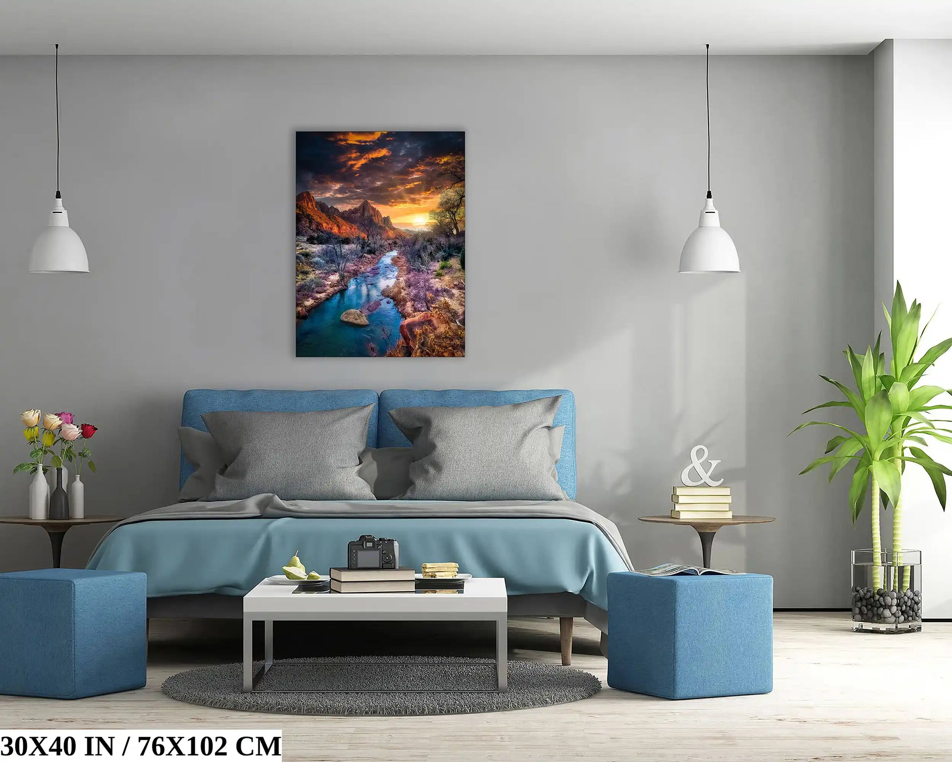 A 30x40 inch canvas print of Zion's Watchman Mountain at sunset, presented over a bed to showcase its grandeur and detail in home decor.