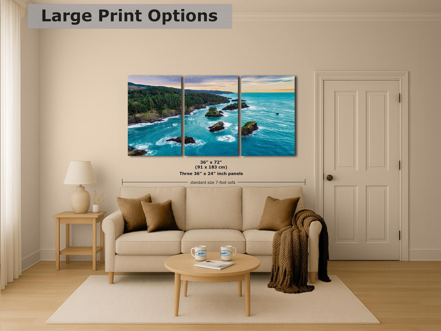 Aerial Oregon Coast Ocean Picture Sunrise, Pacific Northwest Nature Photo Relaxation Artwork for Meditation, Apartment, Office & House Décor