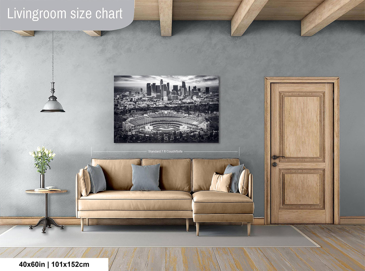 Los Angeles Dodgers Baseball Stadium, LA Skyline Urban Cityscape Monochrome Photo for Dorm Room, Man Cave, and Office