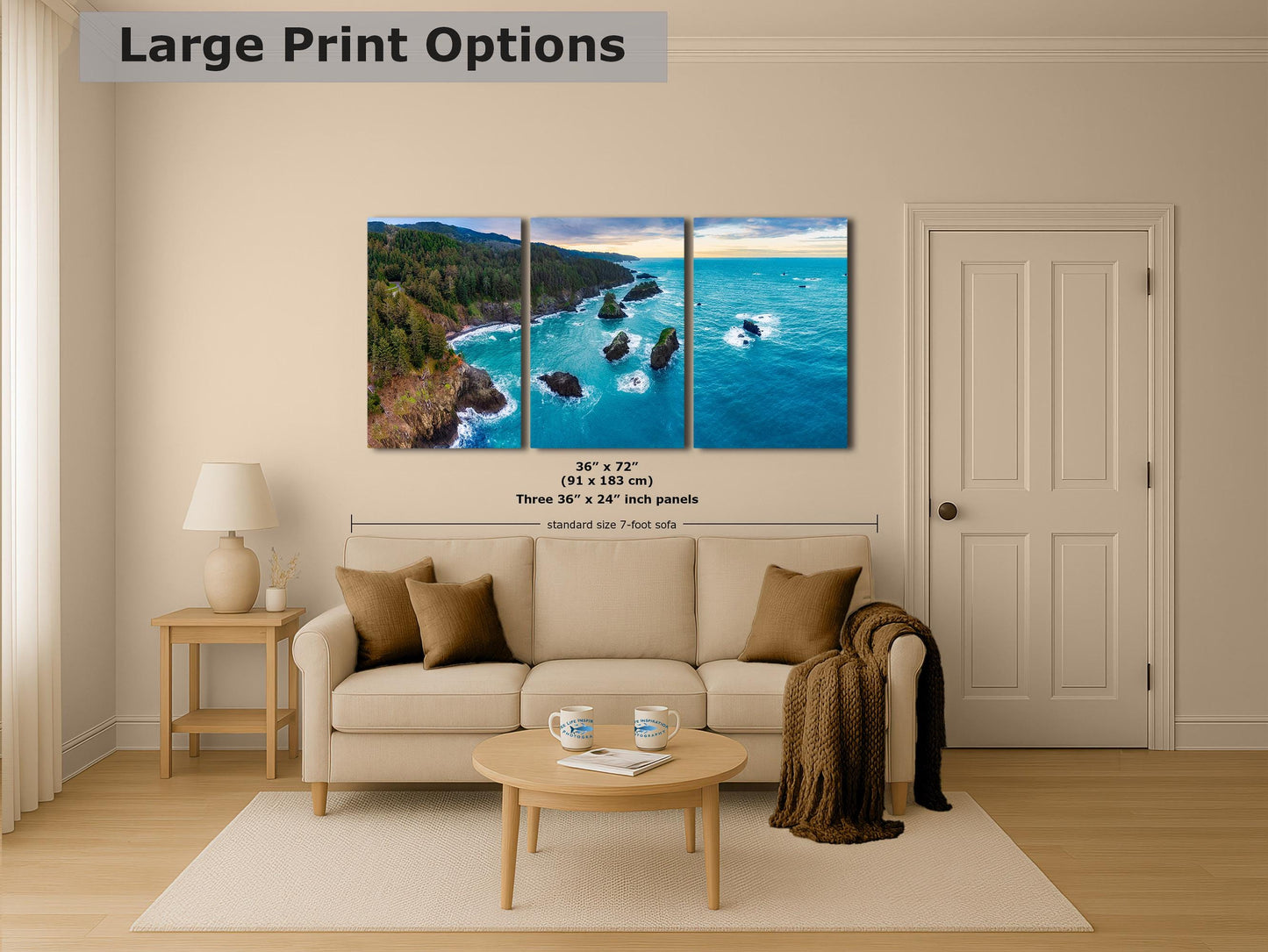 Aerial Oregon Coast Ocean Picture Panorama, Pacific Northwest Nature Photo Relaxation Artwork for Meditation, Apartment, Office & House Décor