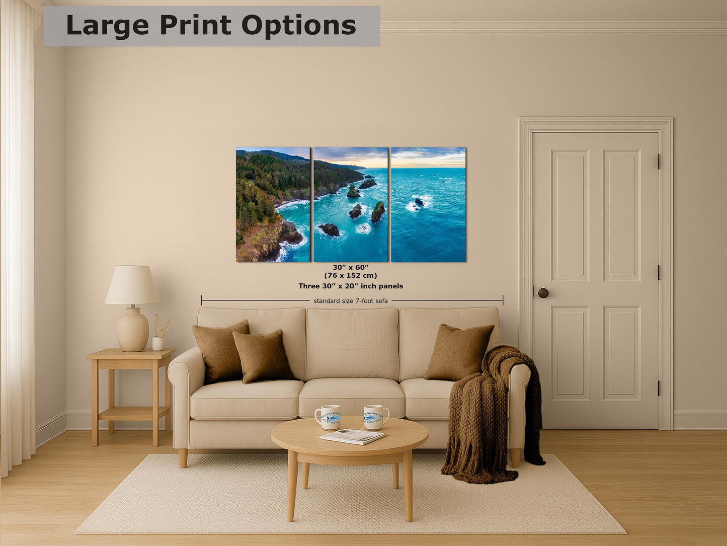 Aerial Oregon Coast Ocean Picture Panorama, Pacific Northwest Nature Photo Relaxation Artwork for Meditation, Apartment, Office & House Décor