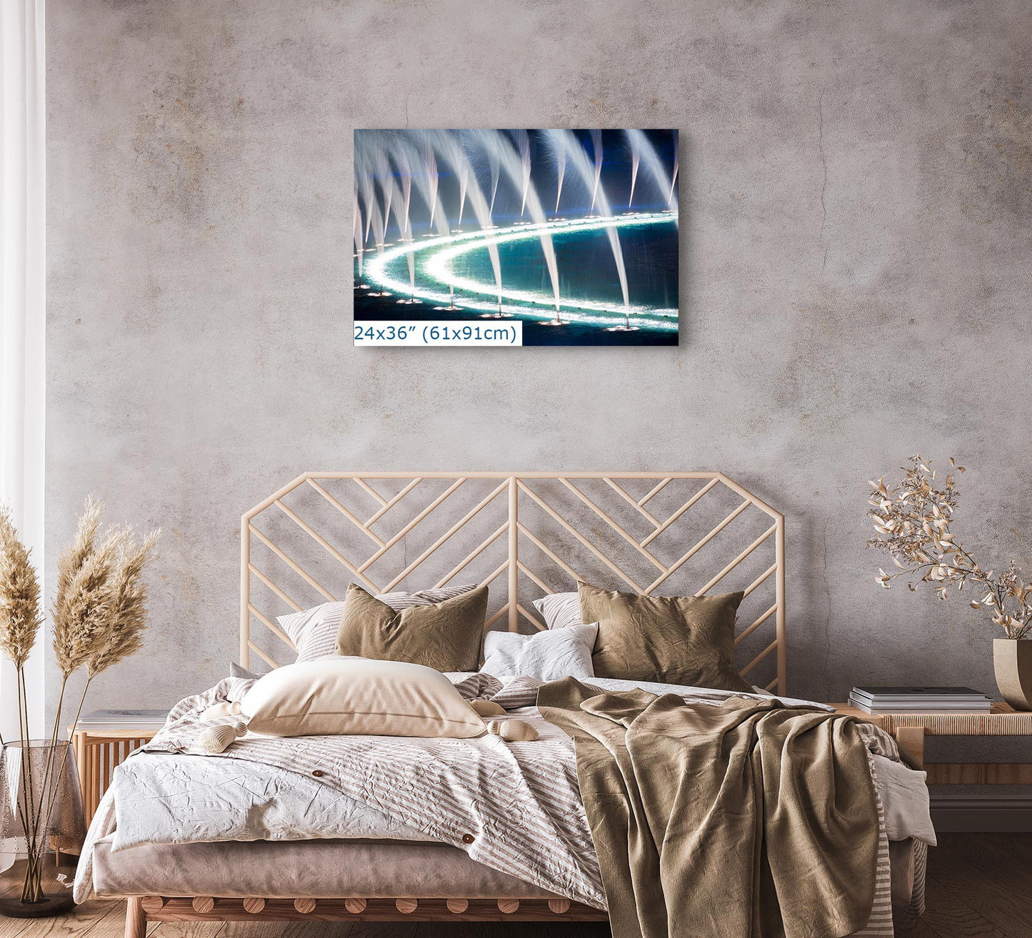 Abstract water fountains at Bellagio, Las Vegas on a 24x36-inch canvas displayed above a bed in a cozy bedroom.