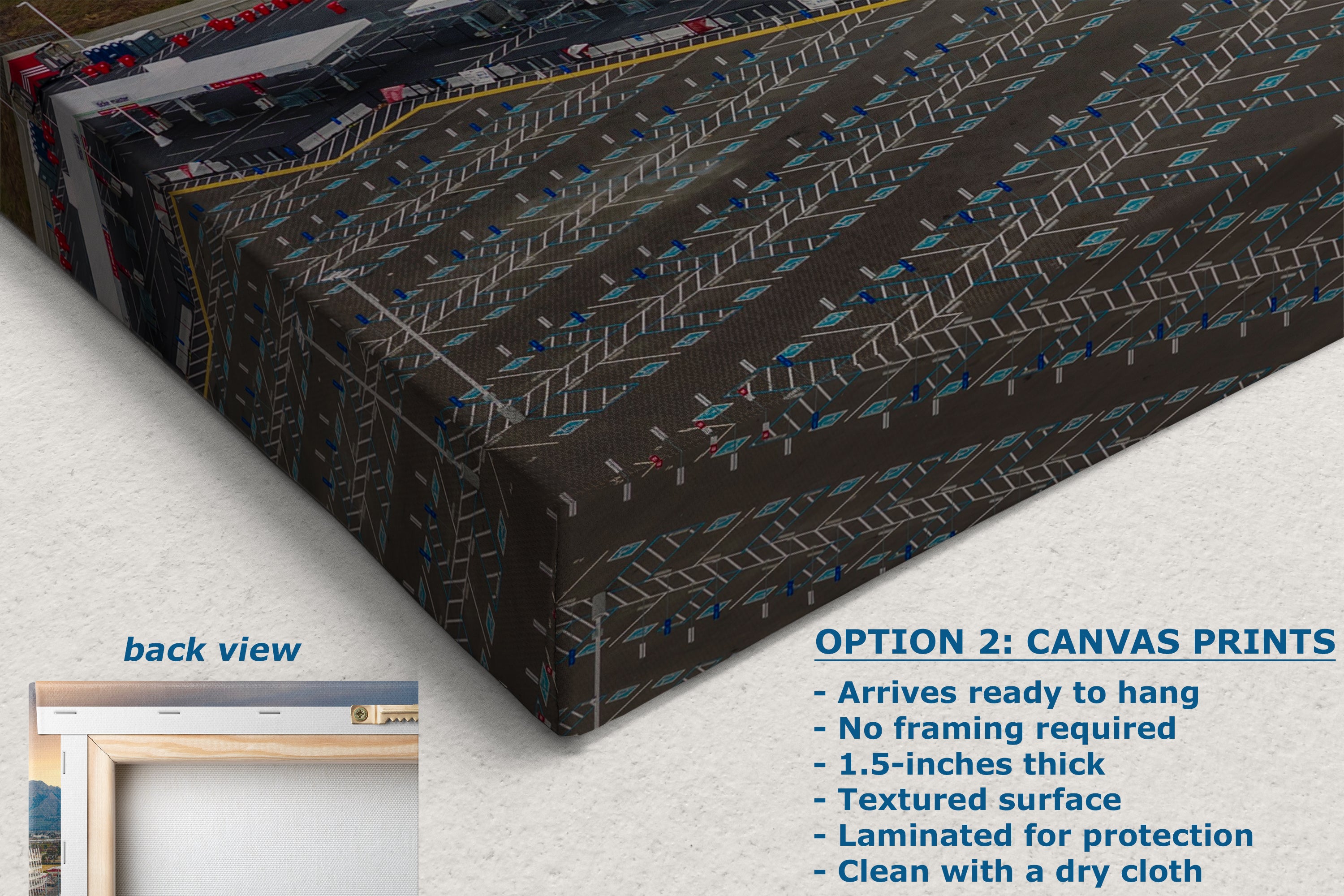 The image is a close-up view of a canvas print featuring a geometric pattern in shades of black and gray. The text below the image provides information about the canvas print, including its size, materials, and care instructions.