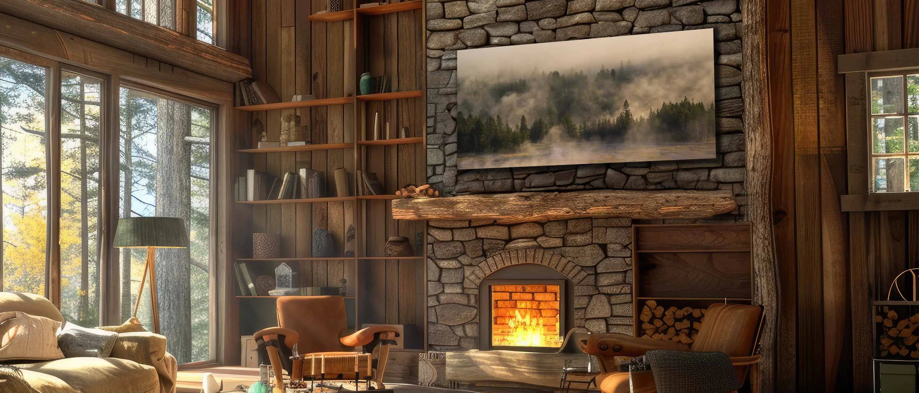 Zen home decor created from calming nature wall art in a warm log cabin living room with a foggy misty forest hanging over the crackling fire in the fireplace