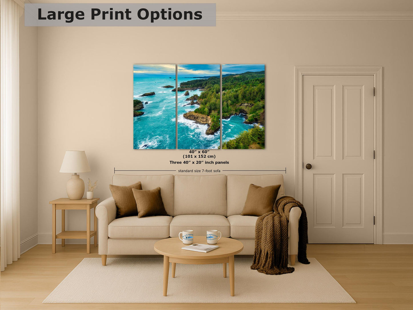 Aerial Oregon Coast Ocean Picture, Pacific Northwest Nature Photo Relaxation Artwork for Meditation, Apartment, Office & House Décor