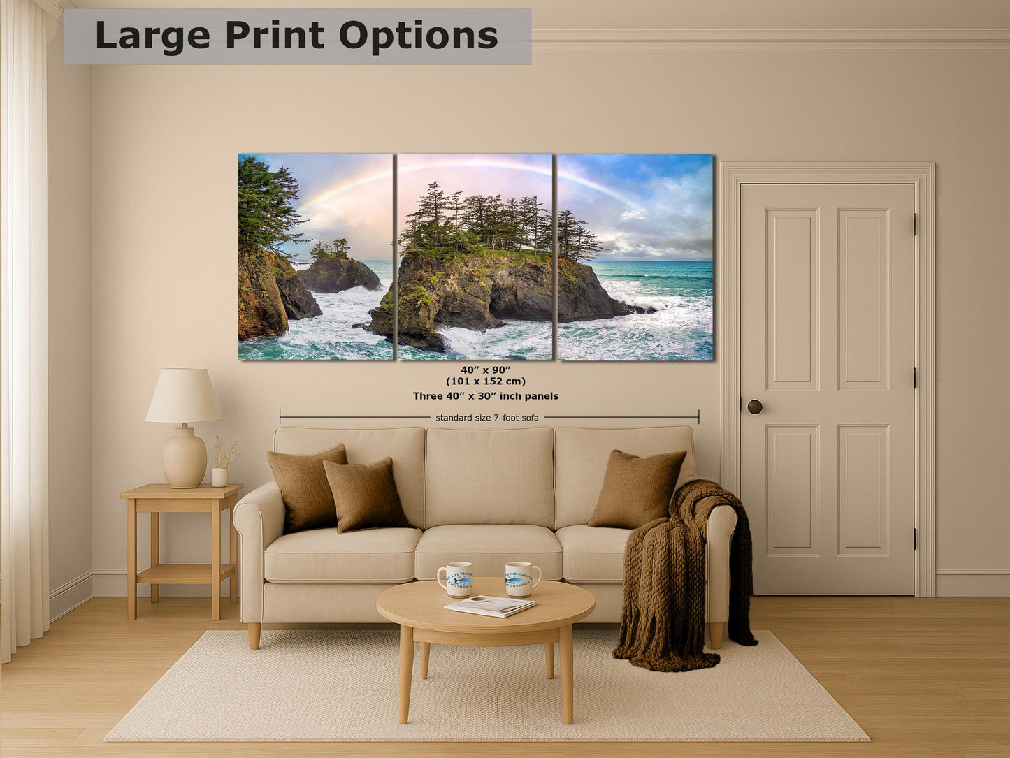 Oregon Coast Ocean Picture, Pacific Northwest Rainbow Nature Photo Relaxation Artwork for Meditation, Apartment, Office & House Décor