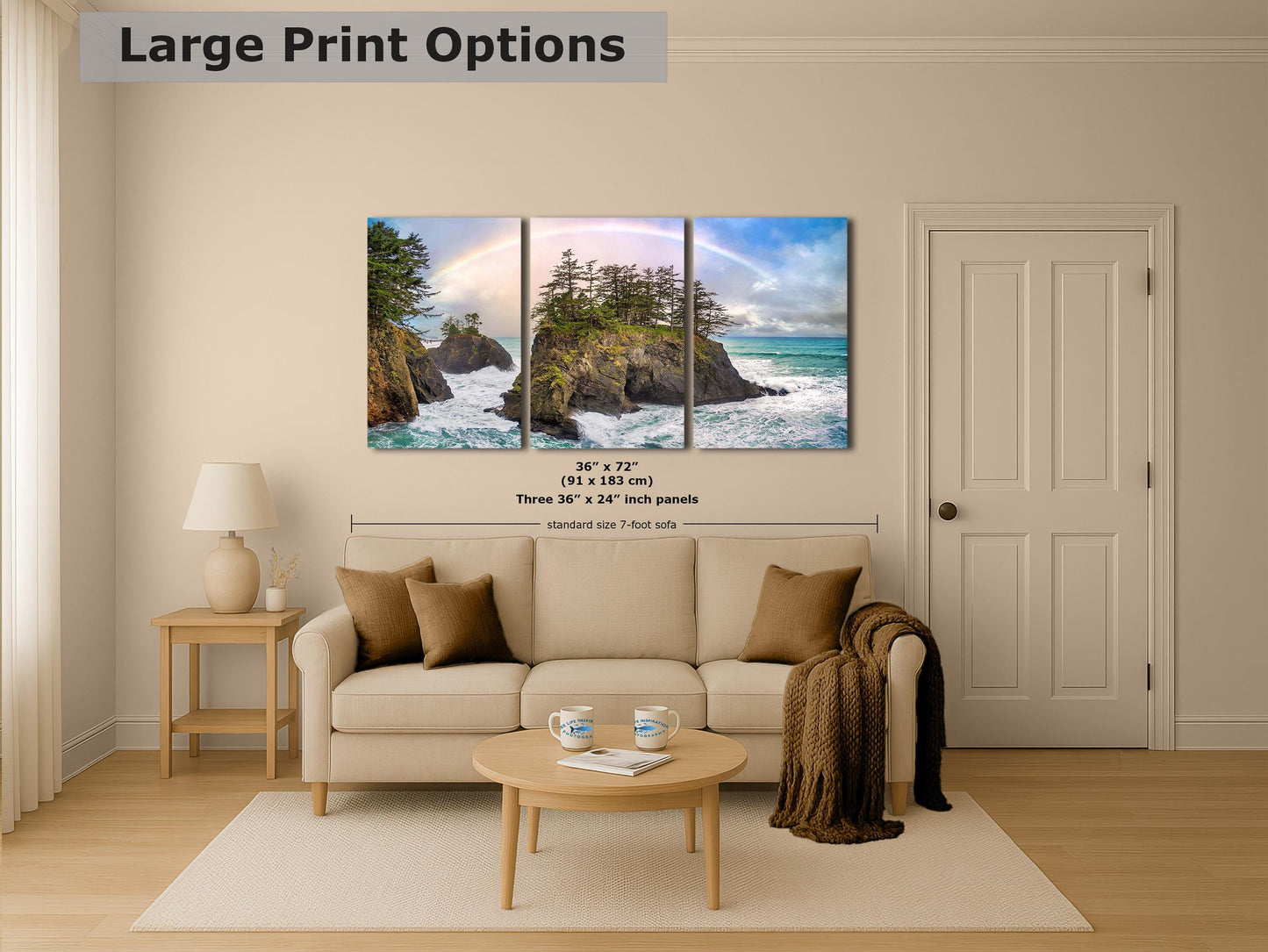 Oregon Coast Ocean Picture, Pacific Northwest Rainbow Nature Photo Relaxation Artwork for Meditation, Apartment, Office & House Décor