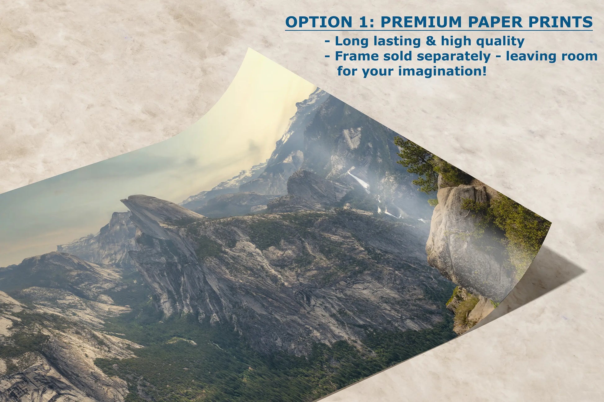 a picture of a mountain range with the caption option 1 premium paper prints