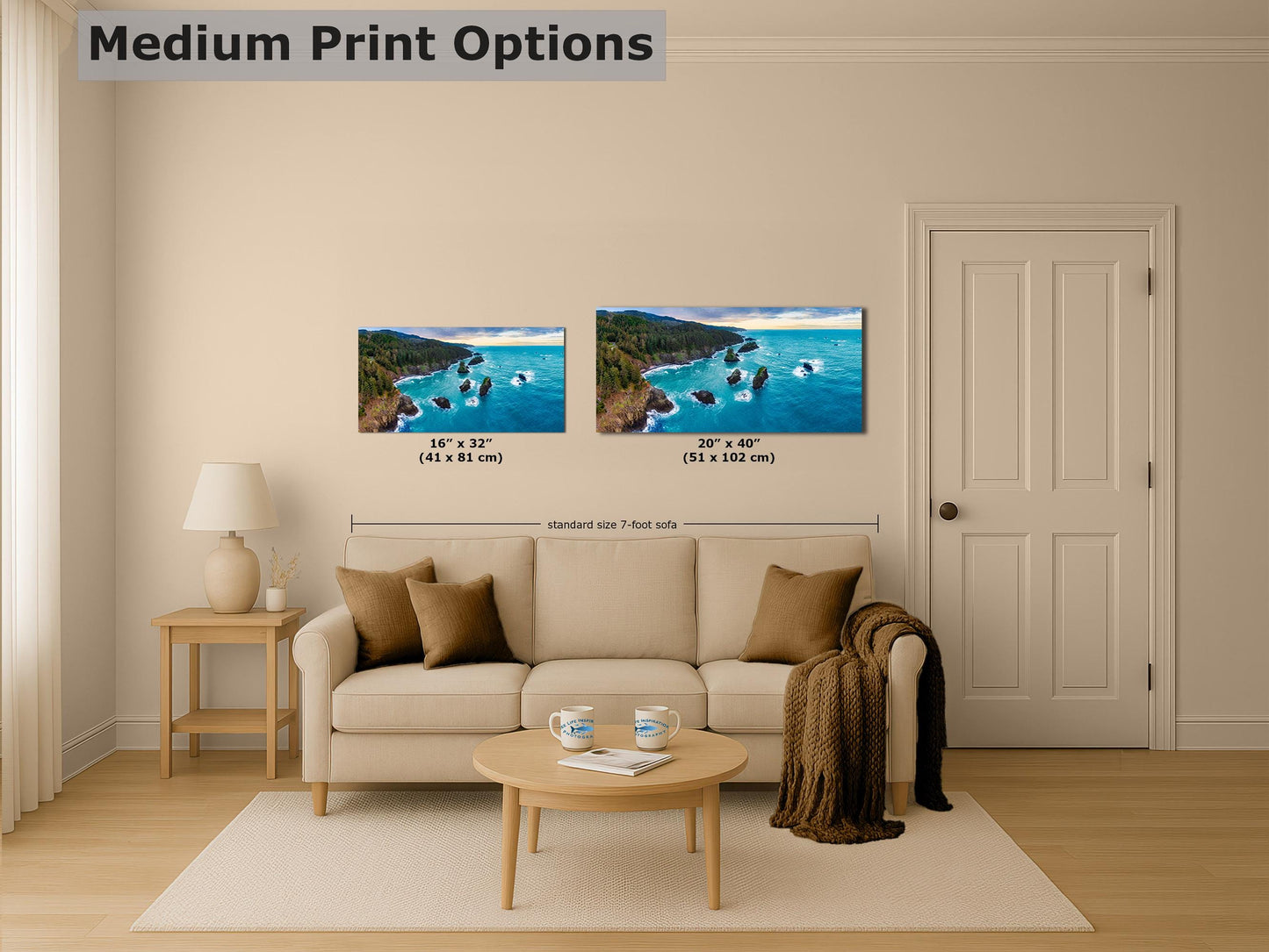 Aerial Oregon Coast Ocean Picture Panorama, Pacific Northwest Nature Photo Relaxation Artwork for Meditation, Apartment, Office & House Décor