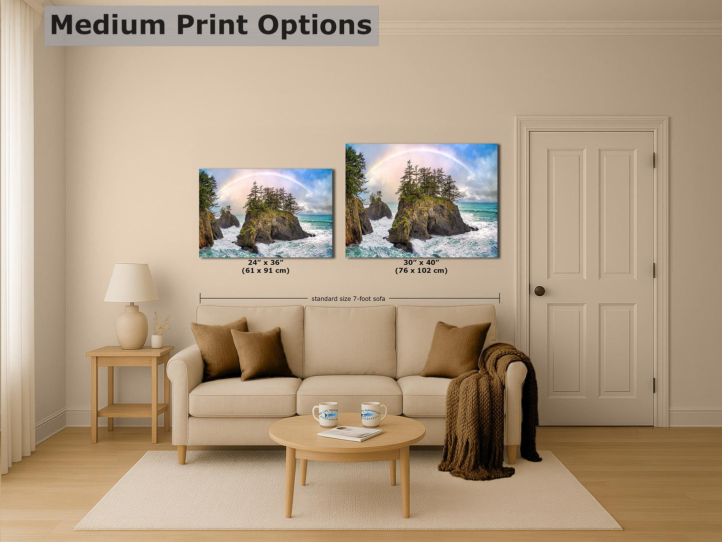 Oregon Coast Ocean Picture, Pacific Northwest Rainbow Nature Photo Relaxation Artwork for Meditation, Apartment, Office & House Décor