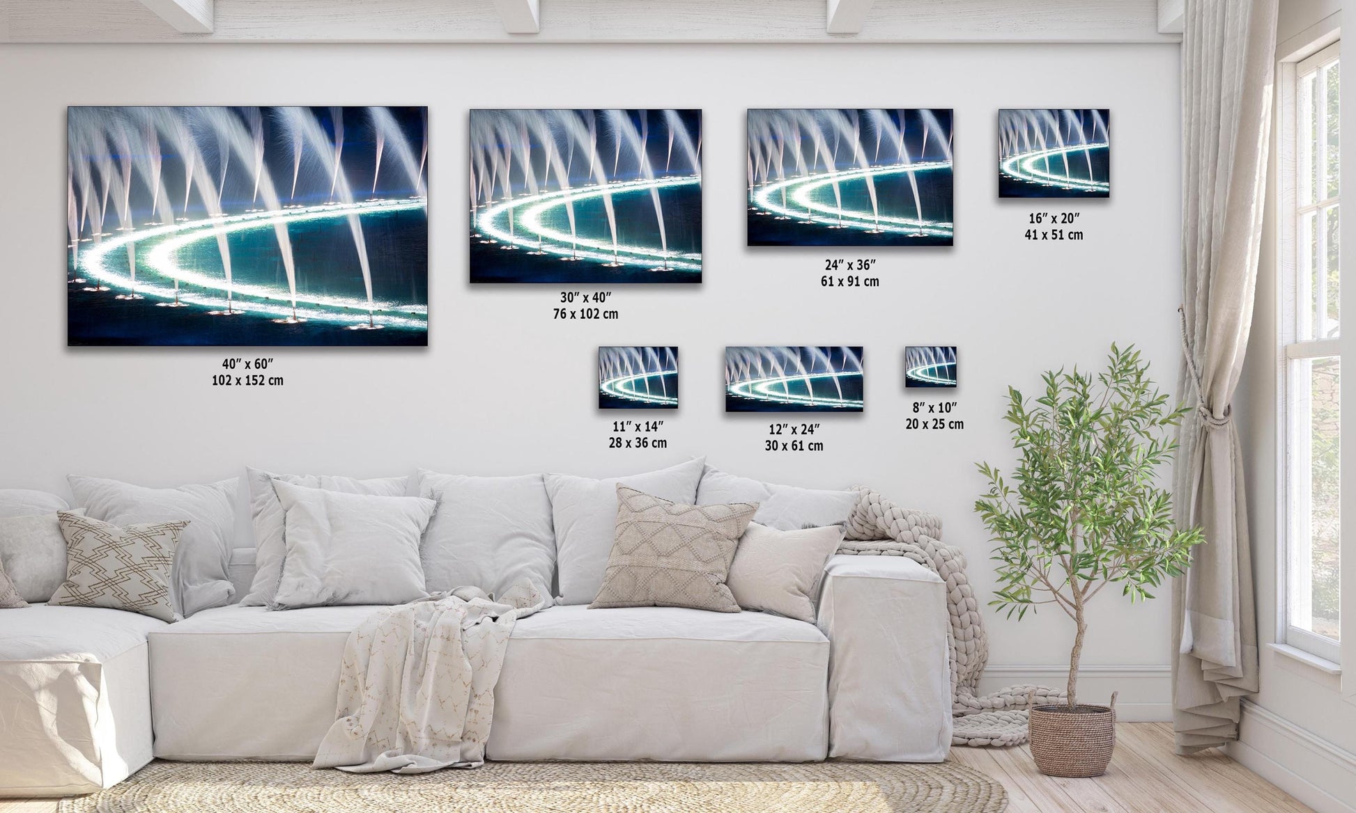Multi-size display of abstract water fountains at Bellagio, Las Vegas on various wall art sizes for living room.