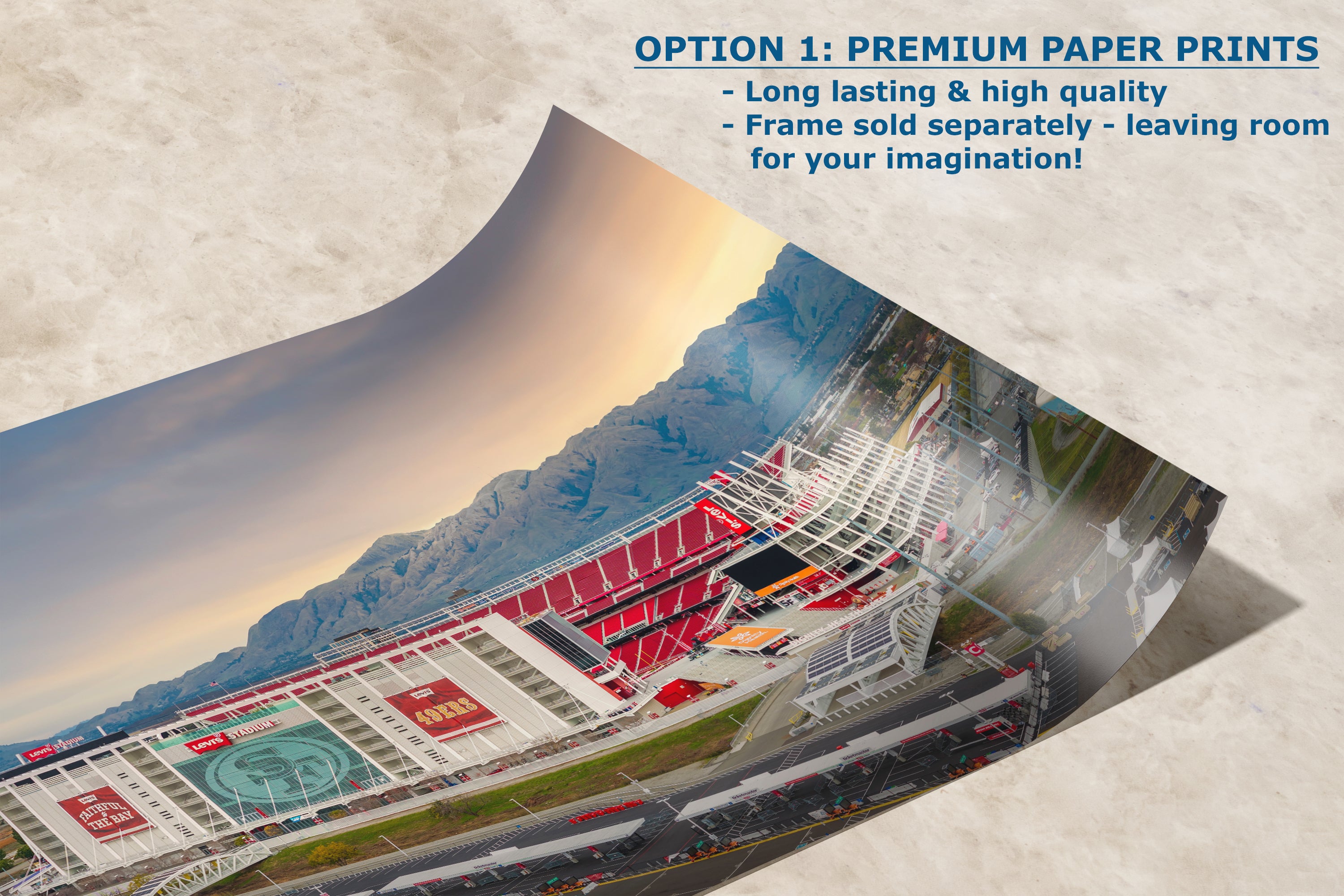 The image is a collage of multiple images depicting a large stadium with mountains in the background.