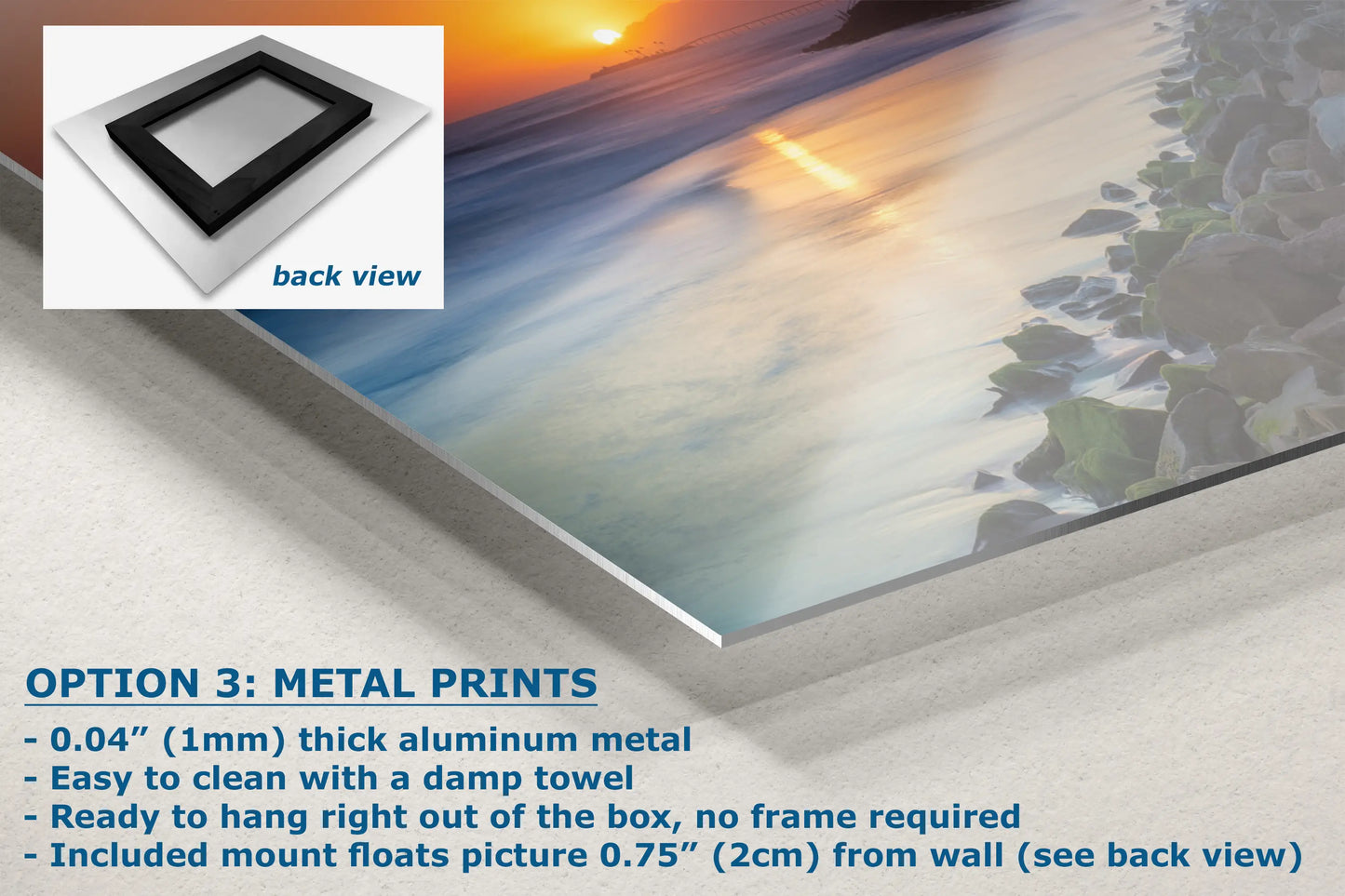 a poster with a picture of a beach and the words option 3 metal prints