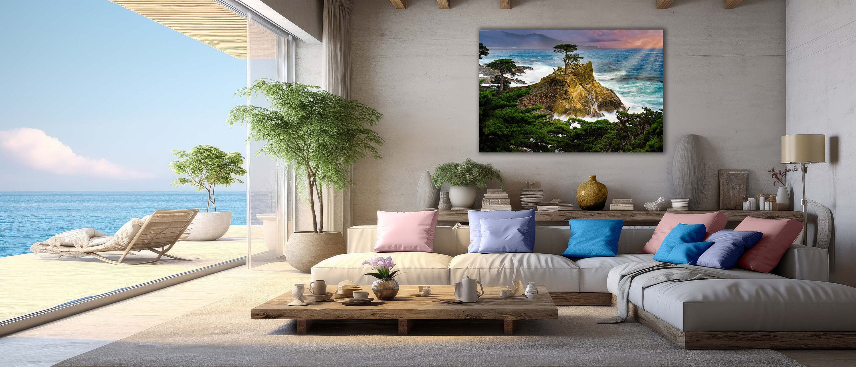 Calming nature wall art of the Lone Cypress tree from Monterey Bay on the wall of a contemporary living room of a beach condominium overlooking the blue ocean