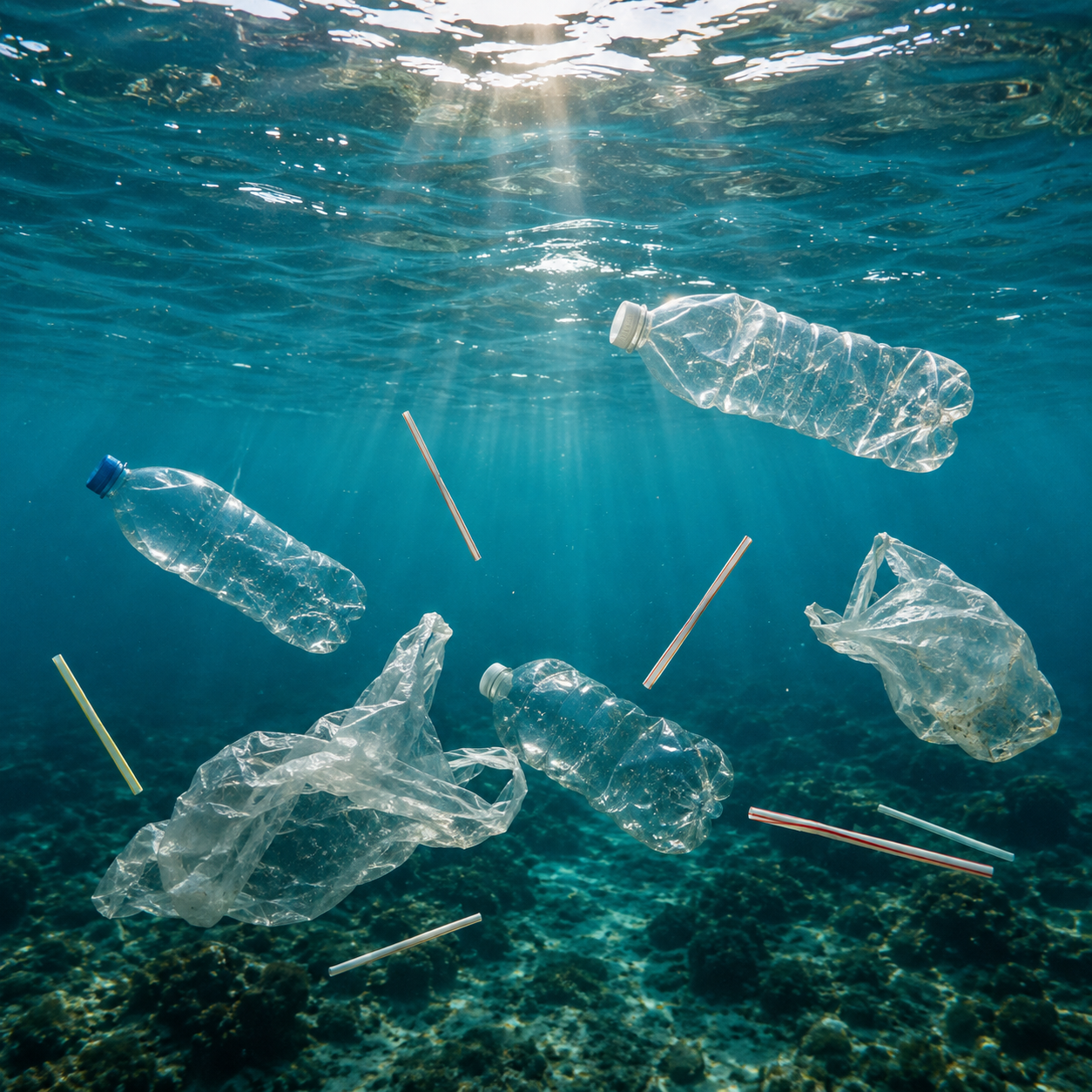 Underwater ocean scene with several clear plastic water bottles and plastic bags floating above a rocky seabed, with sunlight streaming through the blue water.
