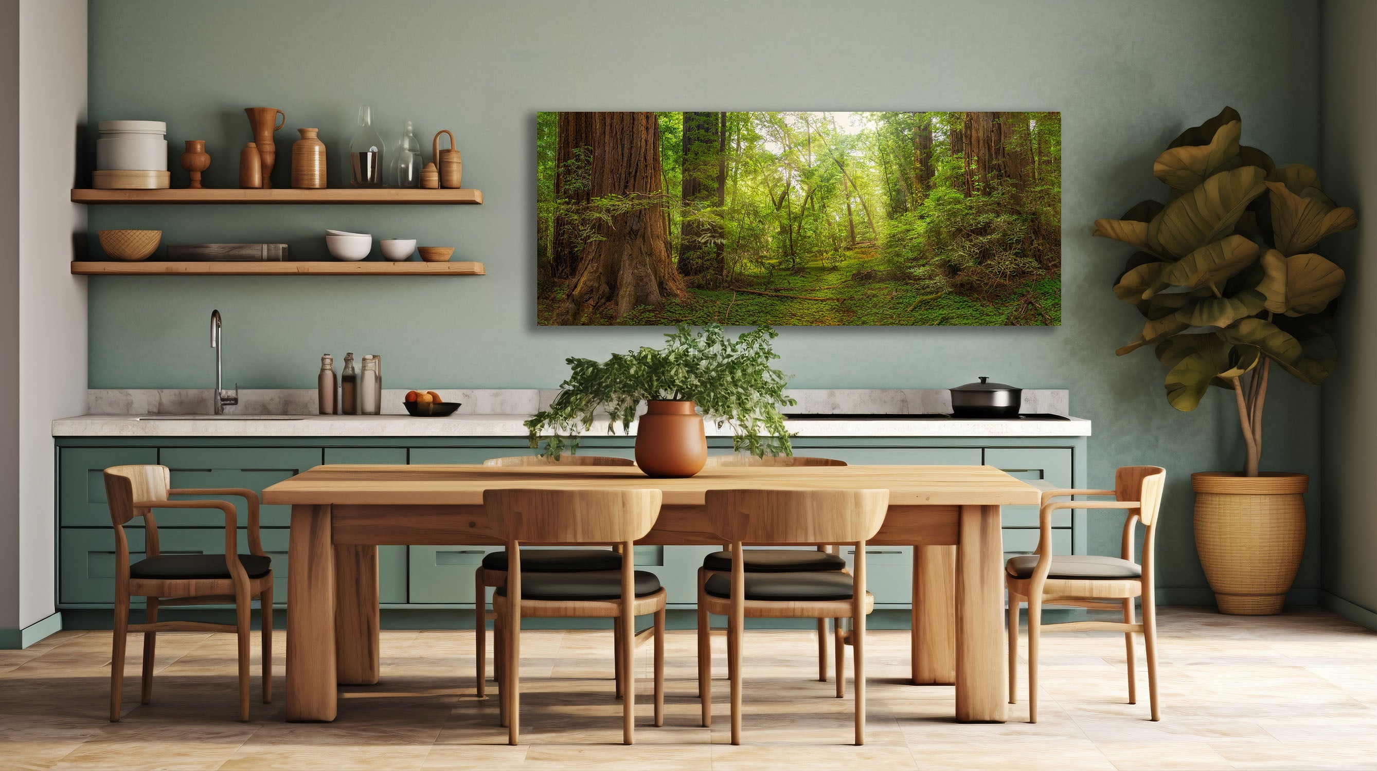 boho-chic kitchen and dining room with zen home decor of a stunning photograph of a redwood forest hanging on the wall.
