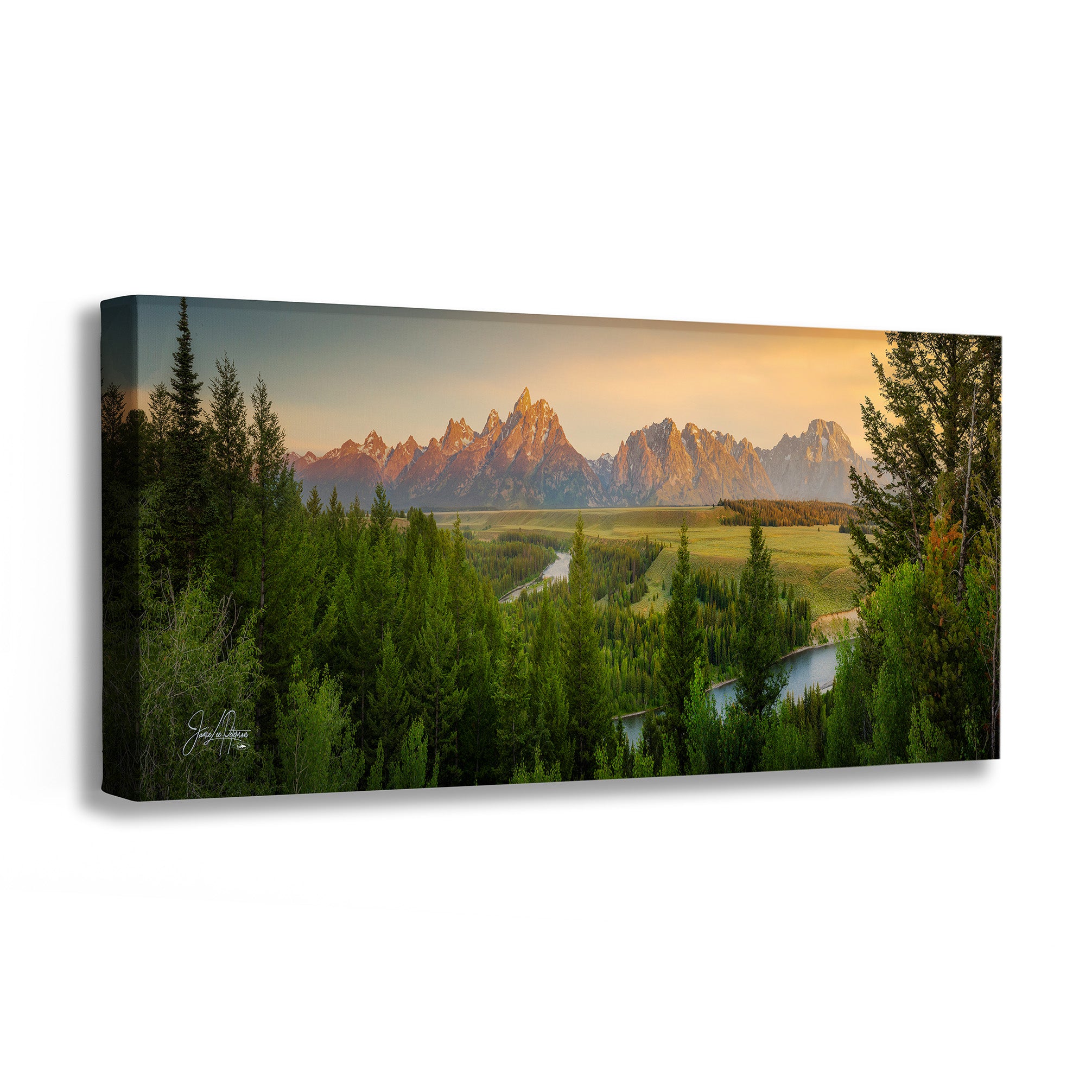 Canvas print of a mountain landscape with trees and a river.