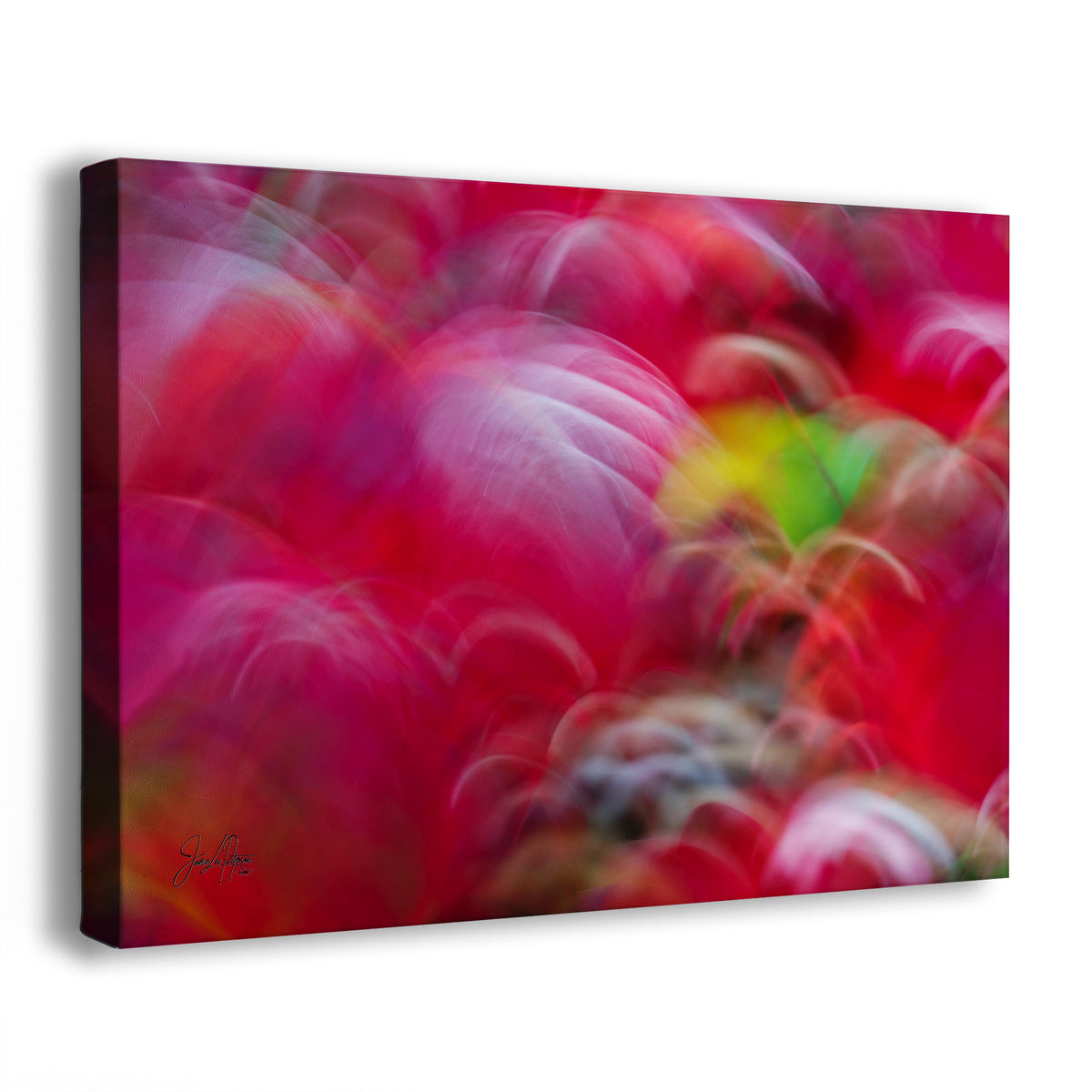 Abstract canvas wall art featuring a blurred, motion-like composition in vivid pink, red, purple, and small areas of yellow and green, shown as a gallery-wrapped canvas on a white background.
