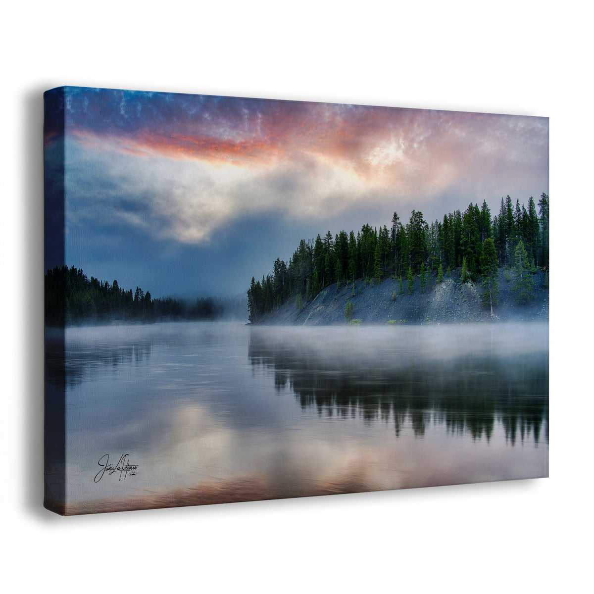 A canvas wall art print of Yellowstone Lake at sunrise with a red and blue sky and foggy surface. 