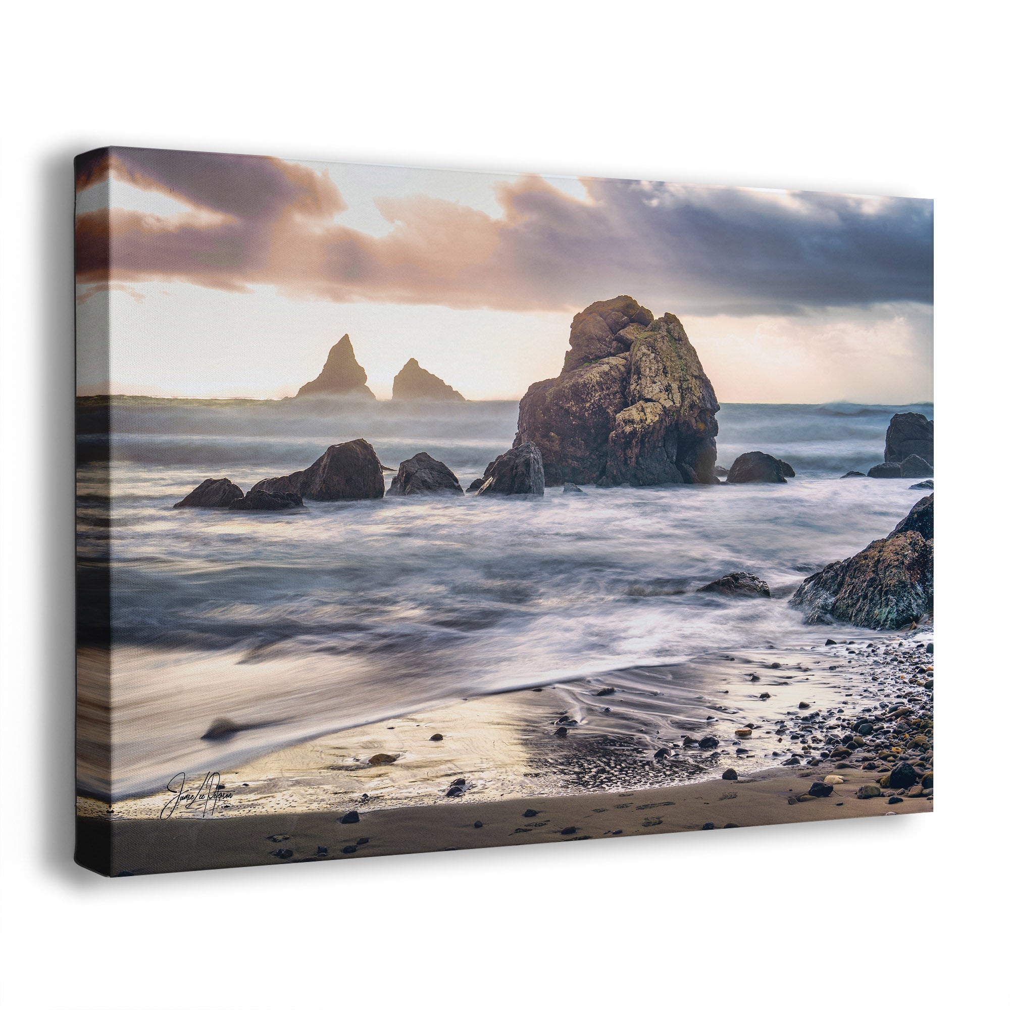 Canvas print of an Oregon coastal ocean scene with sea stack rocks and smooth ocean waves.