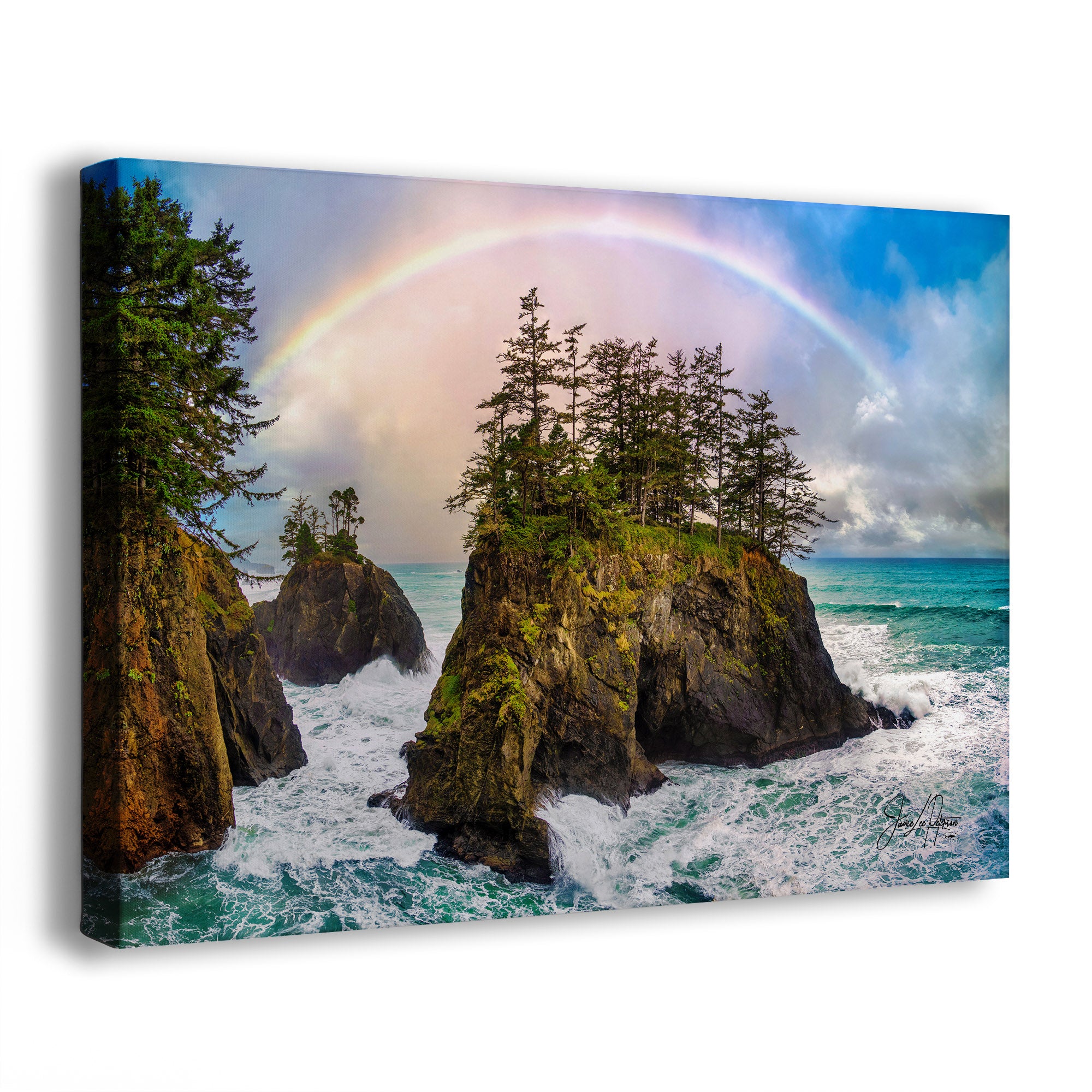 A rectangular canvas wall art print showing a coastal seascape with rocky cliffs, evergreen trees, blue ocean water, and a rainbow in the sky, photographed against a plain white background.