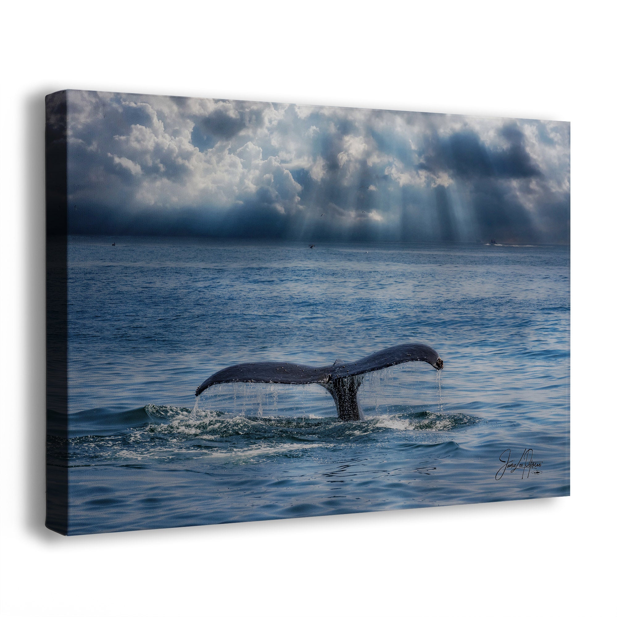 A wall art canvas depicting a whale tail disappearing into blue ocean water beneath dramatic clouds, with sun rays breaking through, photographed against a white background.