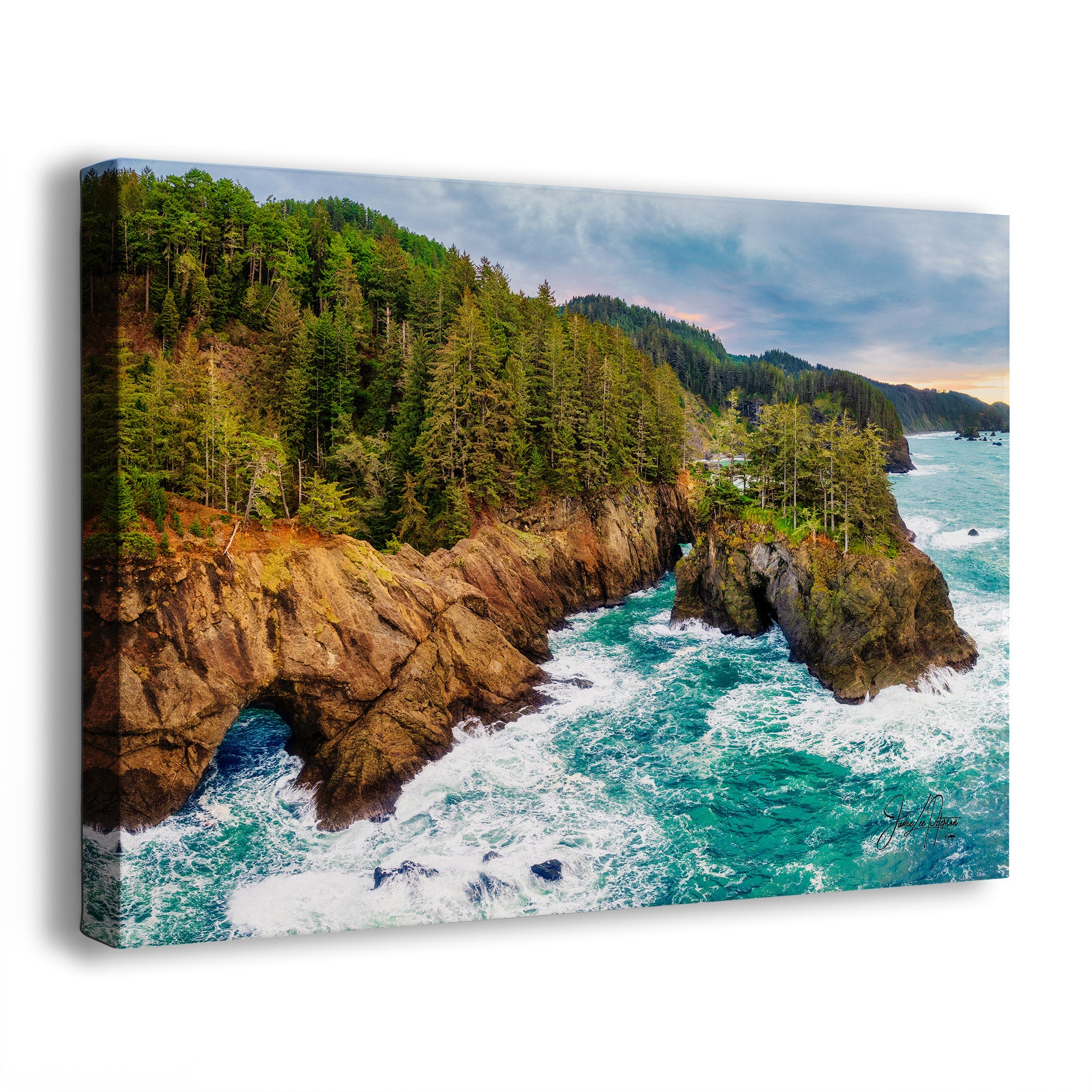 Canvas print of a coastal landscape with cliffs and ocean waves.