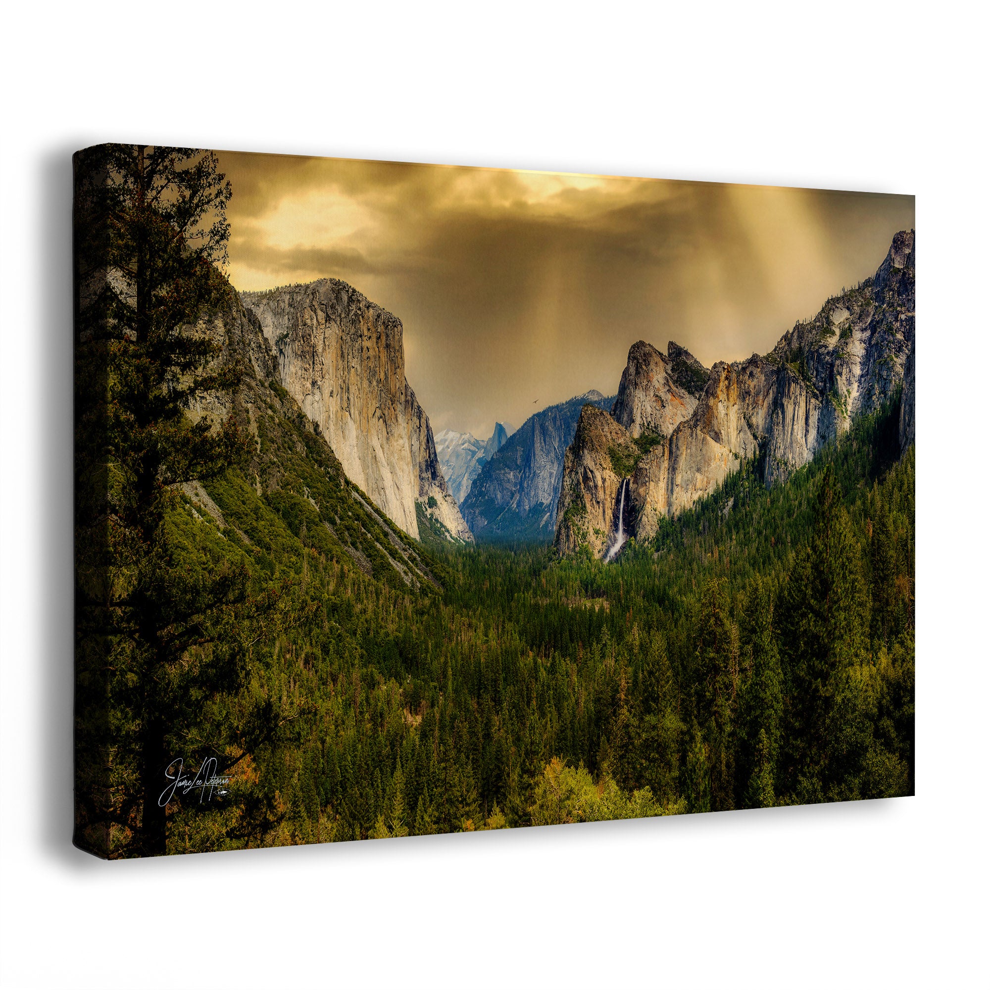 A rectangular canvas wall art print showing a dramatic mountain valley landscape with tall rock cliffs, dense evergreen forest, and golden-brown clouds with sun rays. The canvas is photographed at a slight angle on a clean white background.