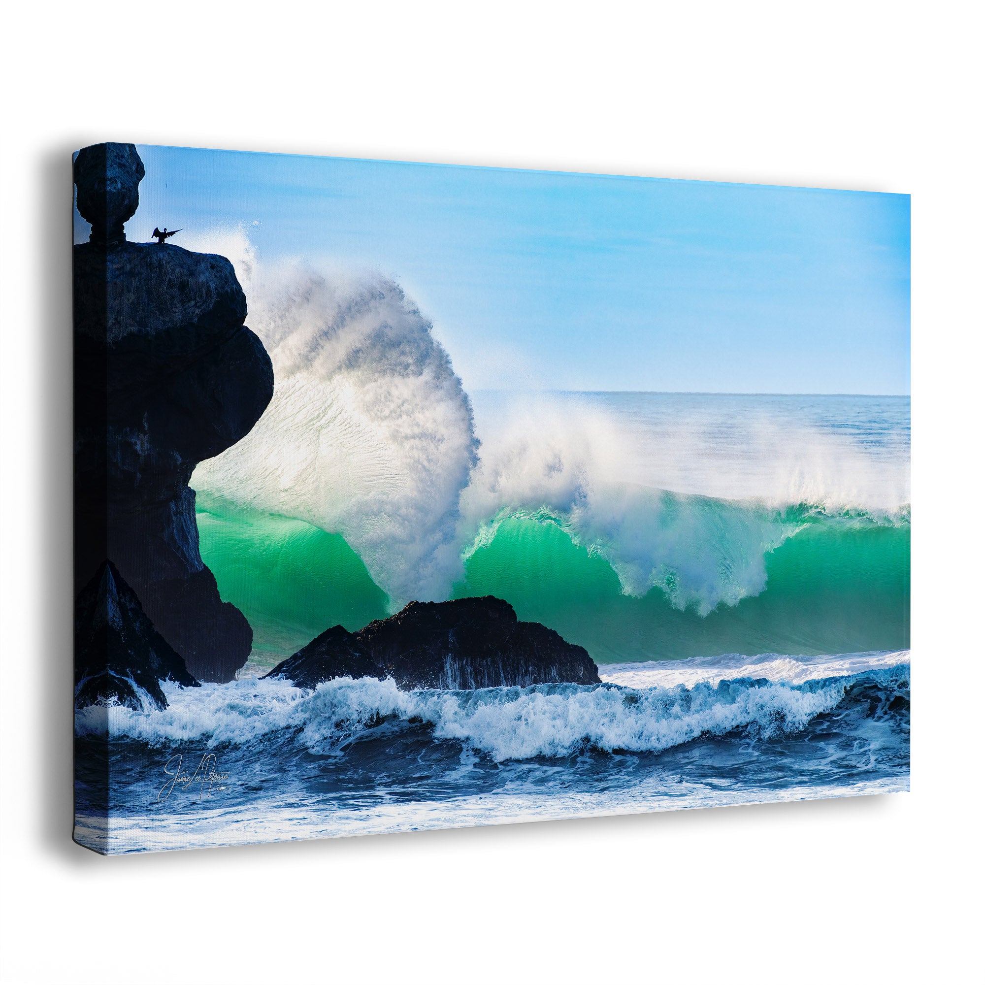 Canvas print of a bird on a rock watching a large wave crash.