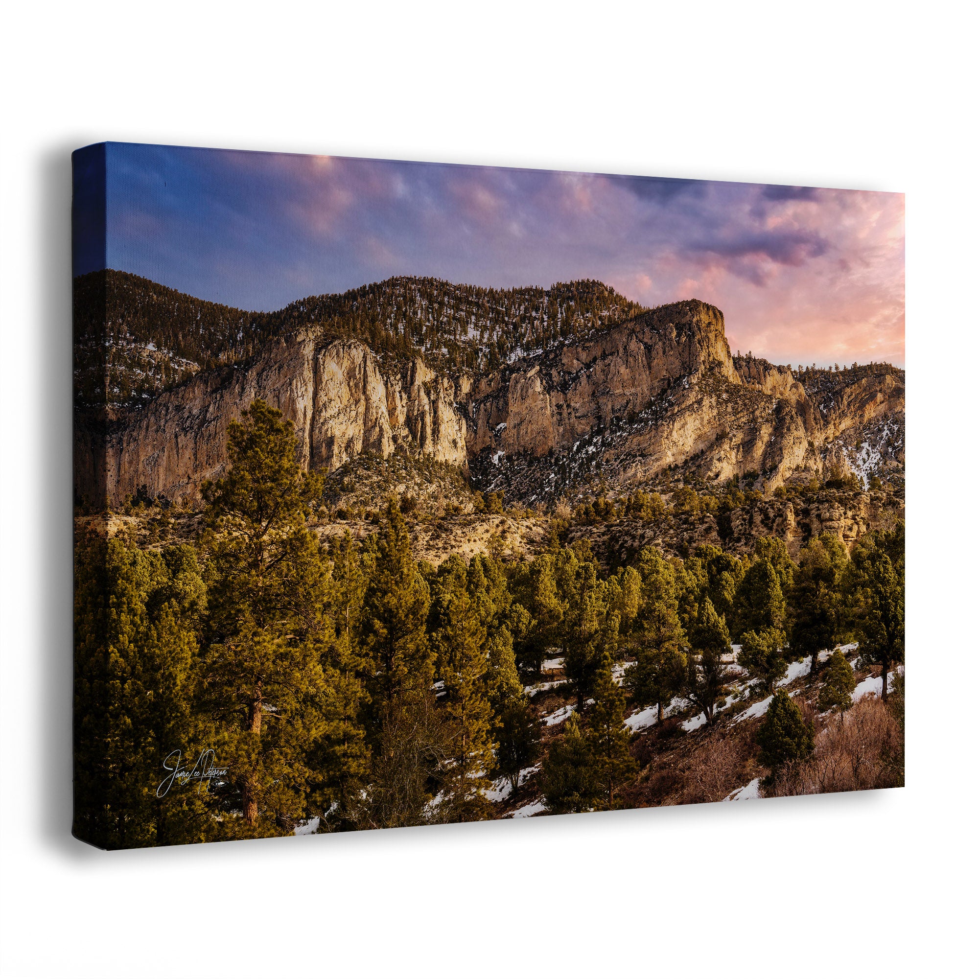 A canvas wall art print showing a mountain landscape with rocky cliffs, evergreen trees, and a pink-purple sky, photographed at an angle on a white background.