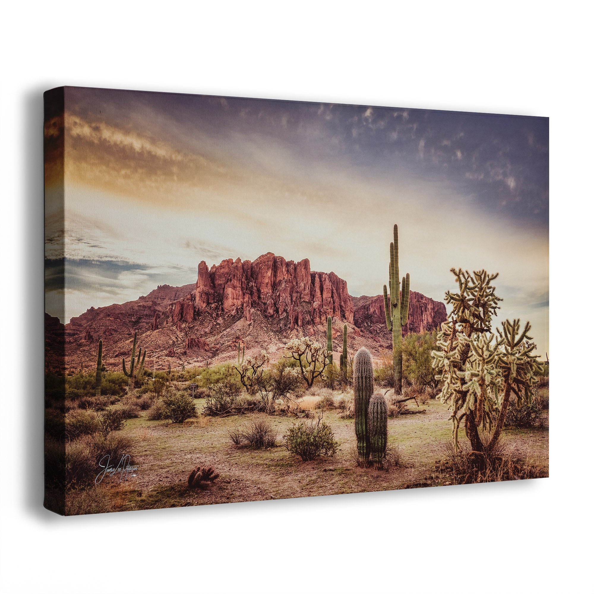 A canvas wall art print showing a desert landscape with red rock mountains, saguaro cacti, cholla bushes, and a dramatic cloudy sky. The canvas is photographed at an angle against a plain white background, showing the wrapped side edge.