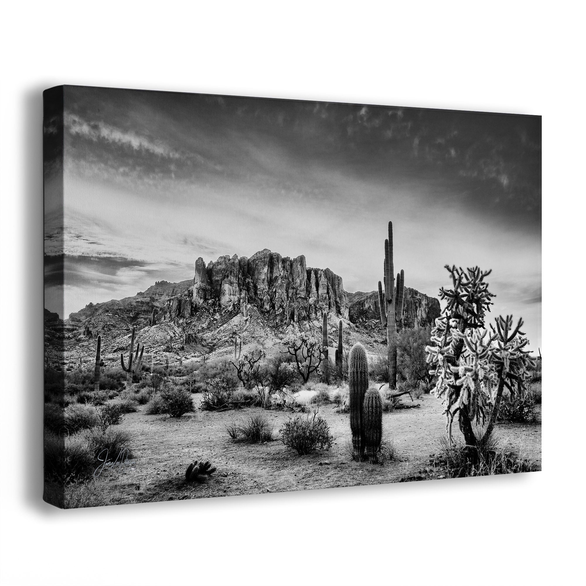 Black and white canvas wall art featuring a desert landscape with saguaro cacti, cholla, and rocky mountains under a dramatic cloudy sky, shown as a gallery-wrapped canvas at an angle.