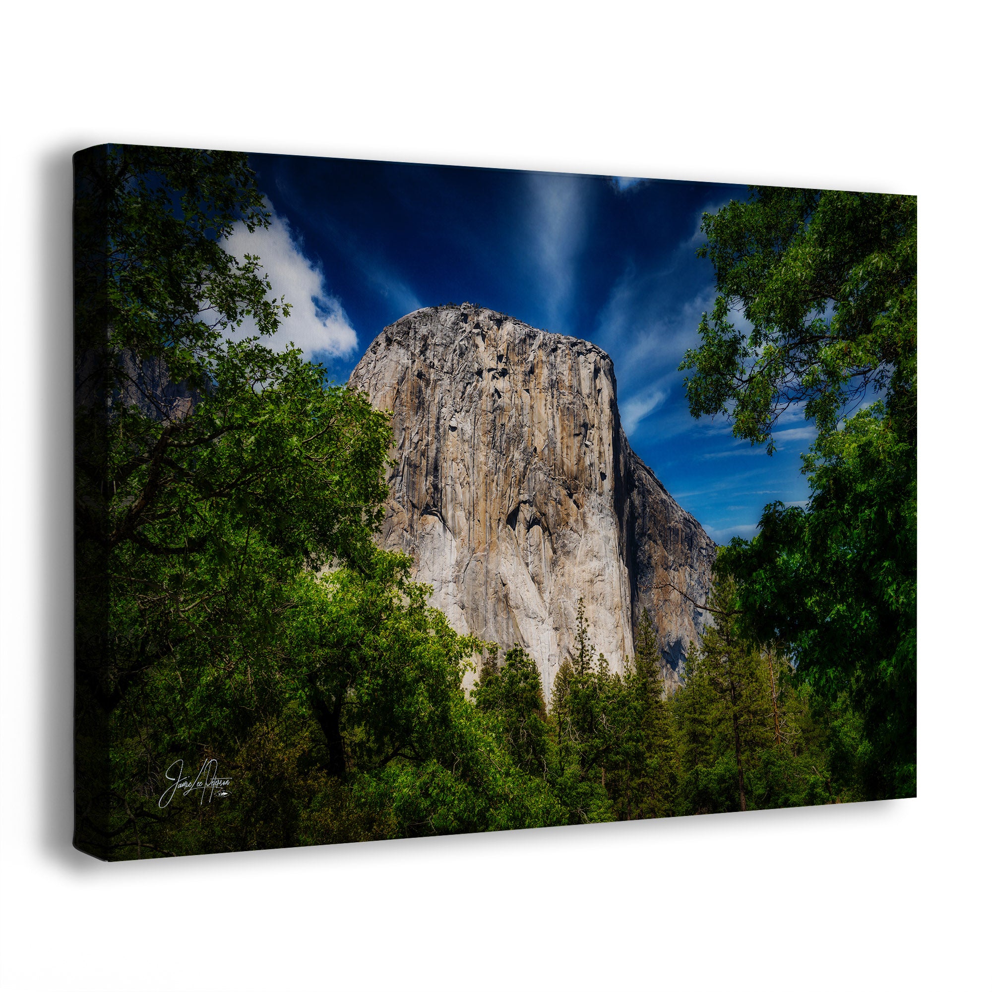 Canvas print of Yosemite National Park's El Capitain mountain landscape surrounded with trees and a blue sky. 
