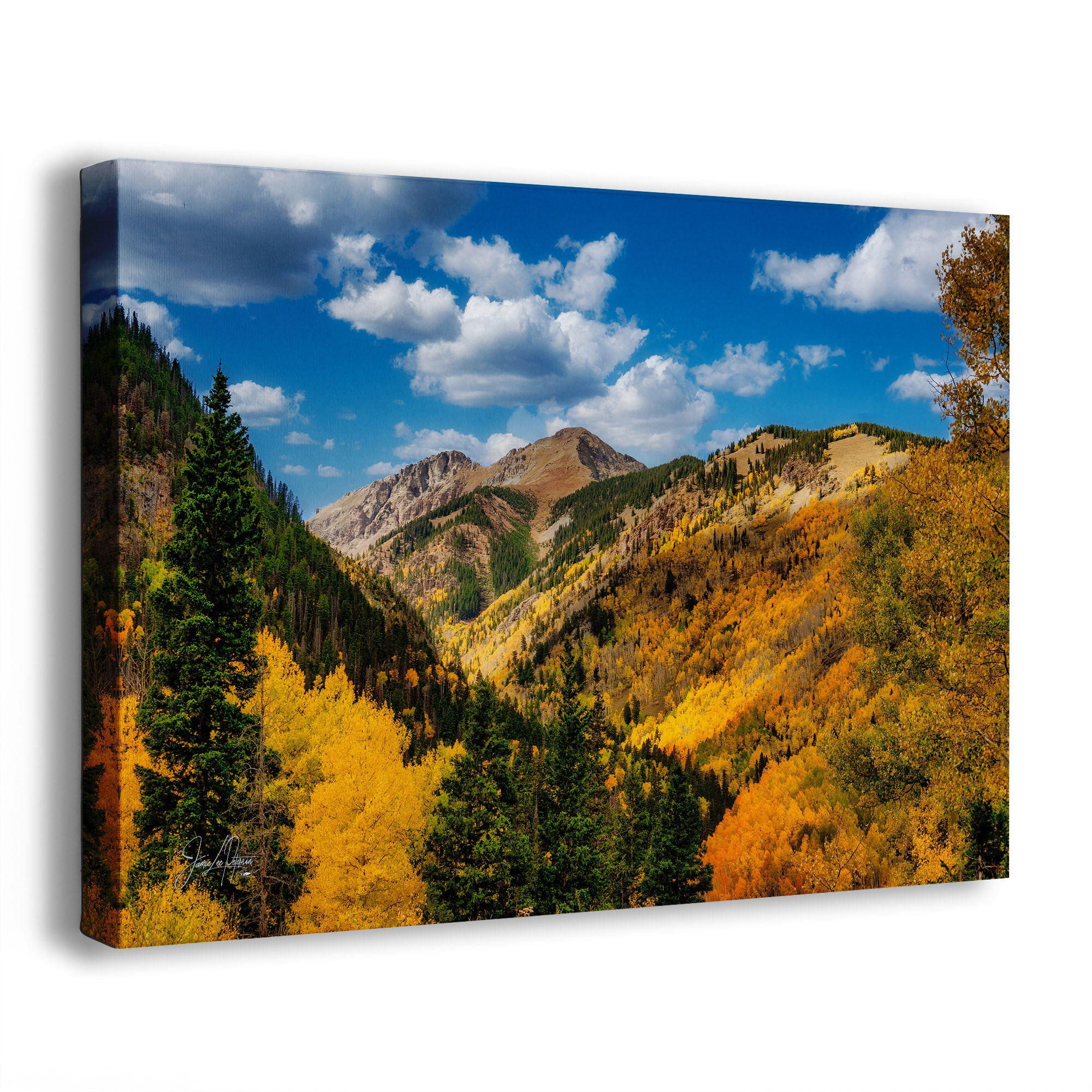 A side view of a canvas wall art print of a Colorado mountain landscape with yellow aspen trees under a blue sky. 