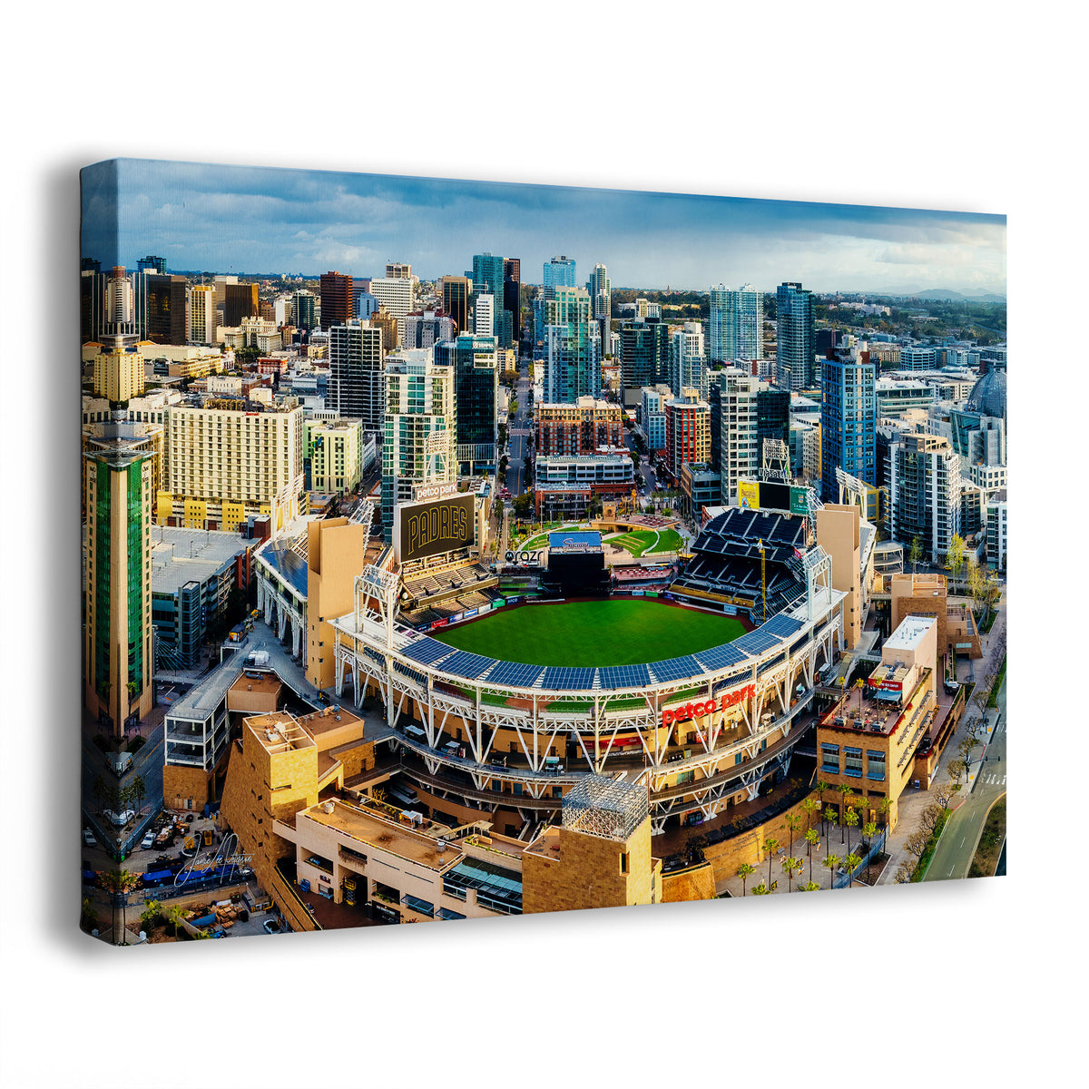 A San Diego Padres Stadium art print showing an aerial view of Petco Park surrounded by the San Diego skyline, photographed against a plain white background.