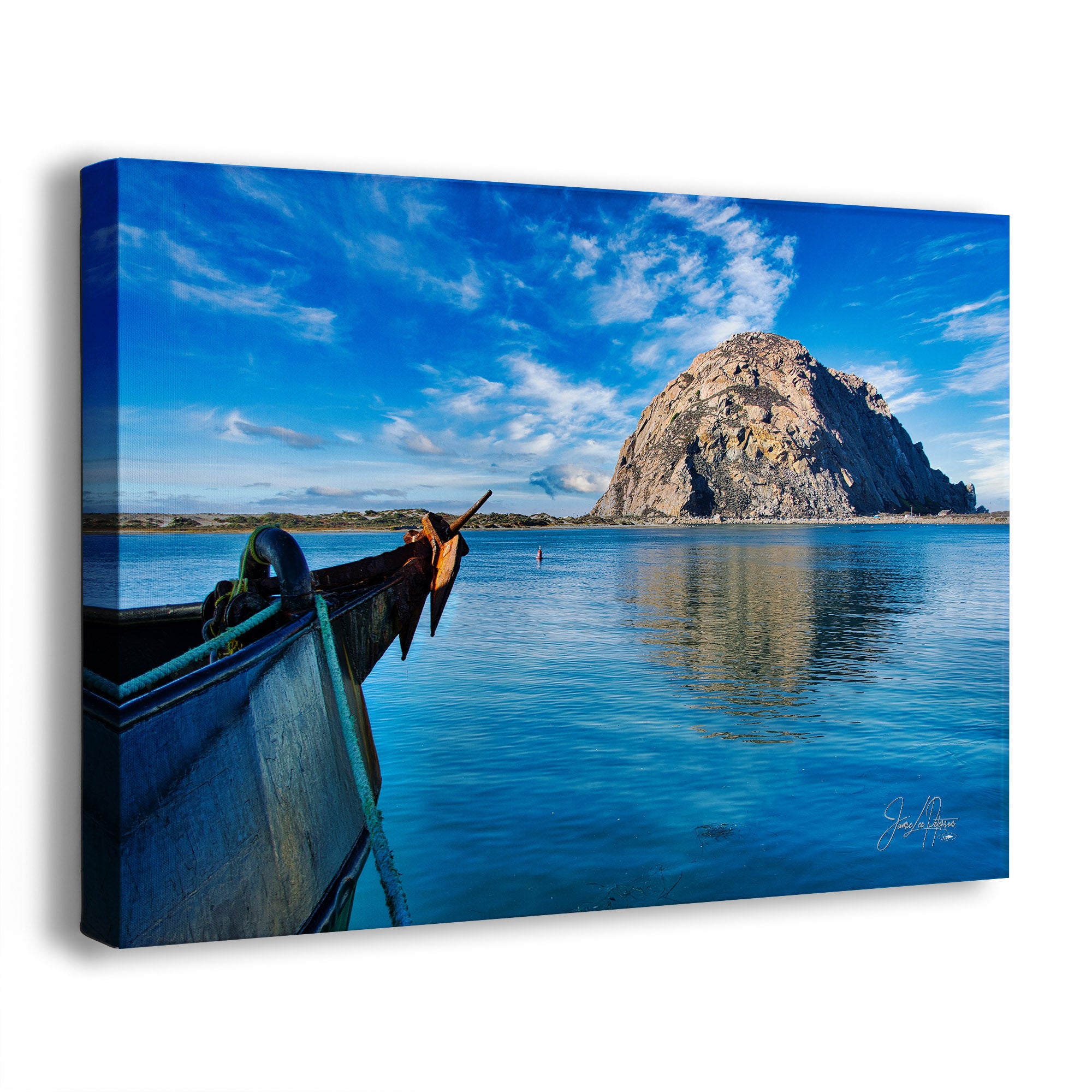 Canvas print of a scenic view with a boat, Morro Rock, and blue sky.