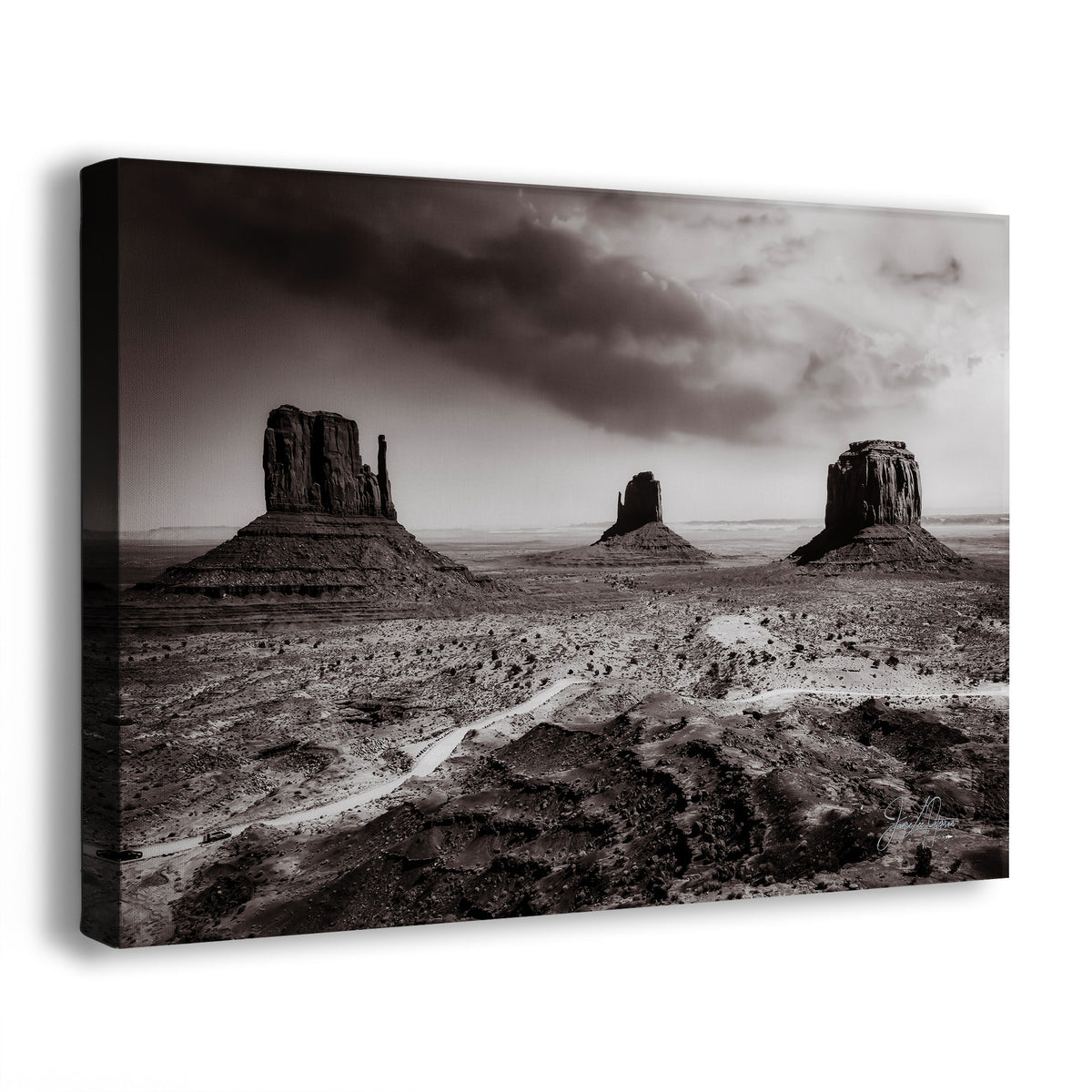 Black-and-white landscape of the desert formations of Monument Valley with a stormy sky.