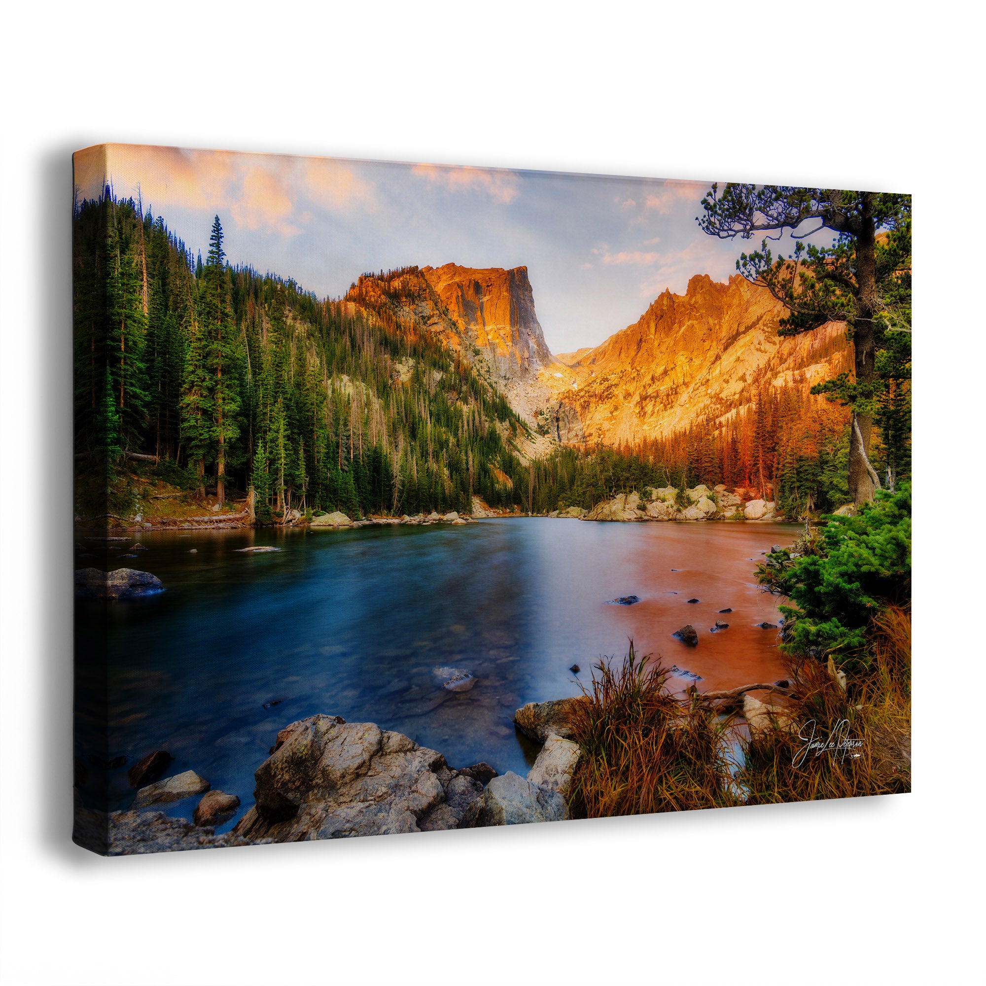 A canvas wall art print of Dream Lake in Rocky Mountain National Park. 
