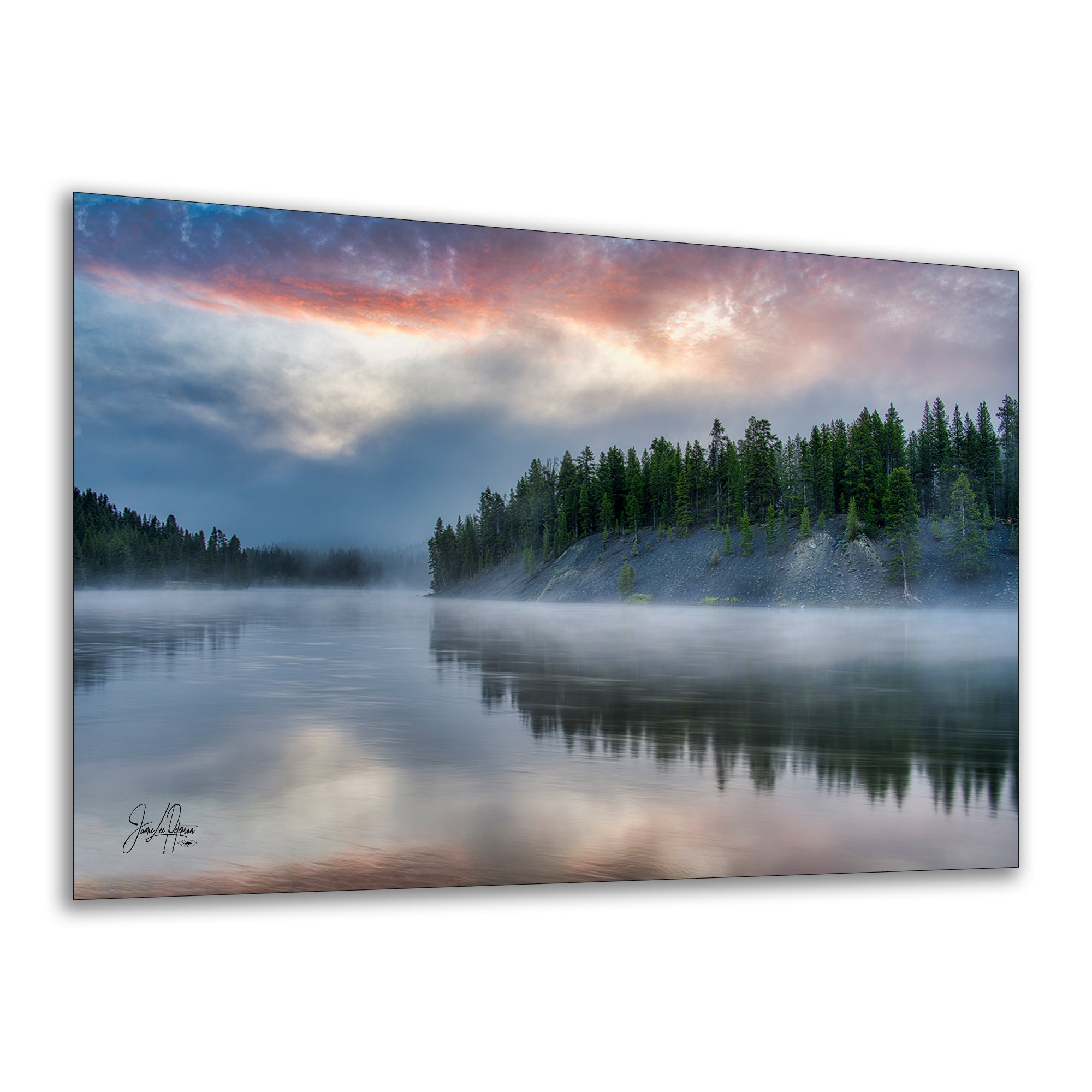 Yellowstone Lake Foggy Forest Picture, Reflection Nature Photo, Wyoming Landscape Relaxation Artwork for Meditation, Office & Home Decor