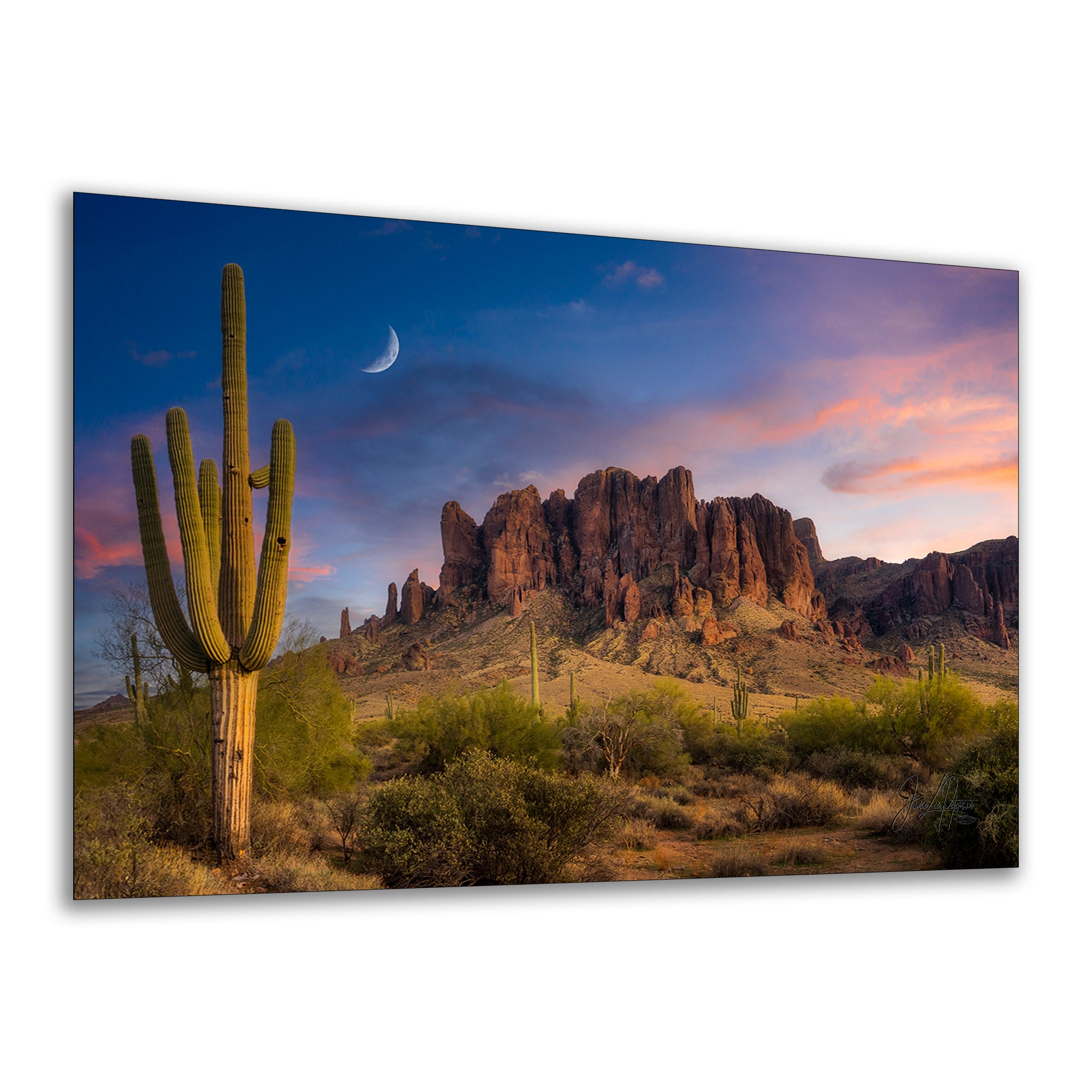 Arizona Desert Picture Sunset, Saguaro Cactus Artwork Nature Photo, Southwestern Wall Art of Superstition Mountains at Lost Dutchman State Park