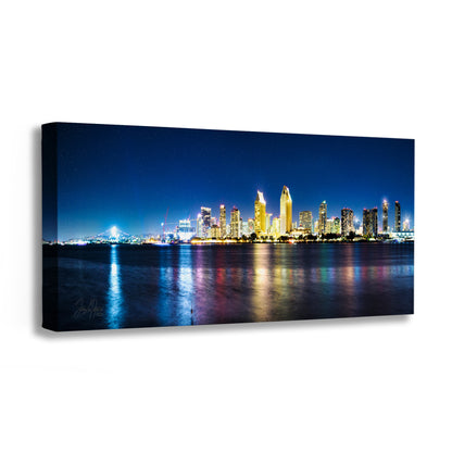 San Diego Skyline Panorama Photo, Urban Cityscape at Night Wall Art, Large Canvas Print for Living Room or Office