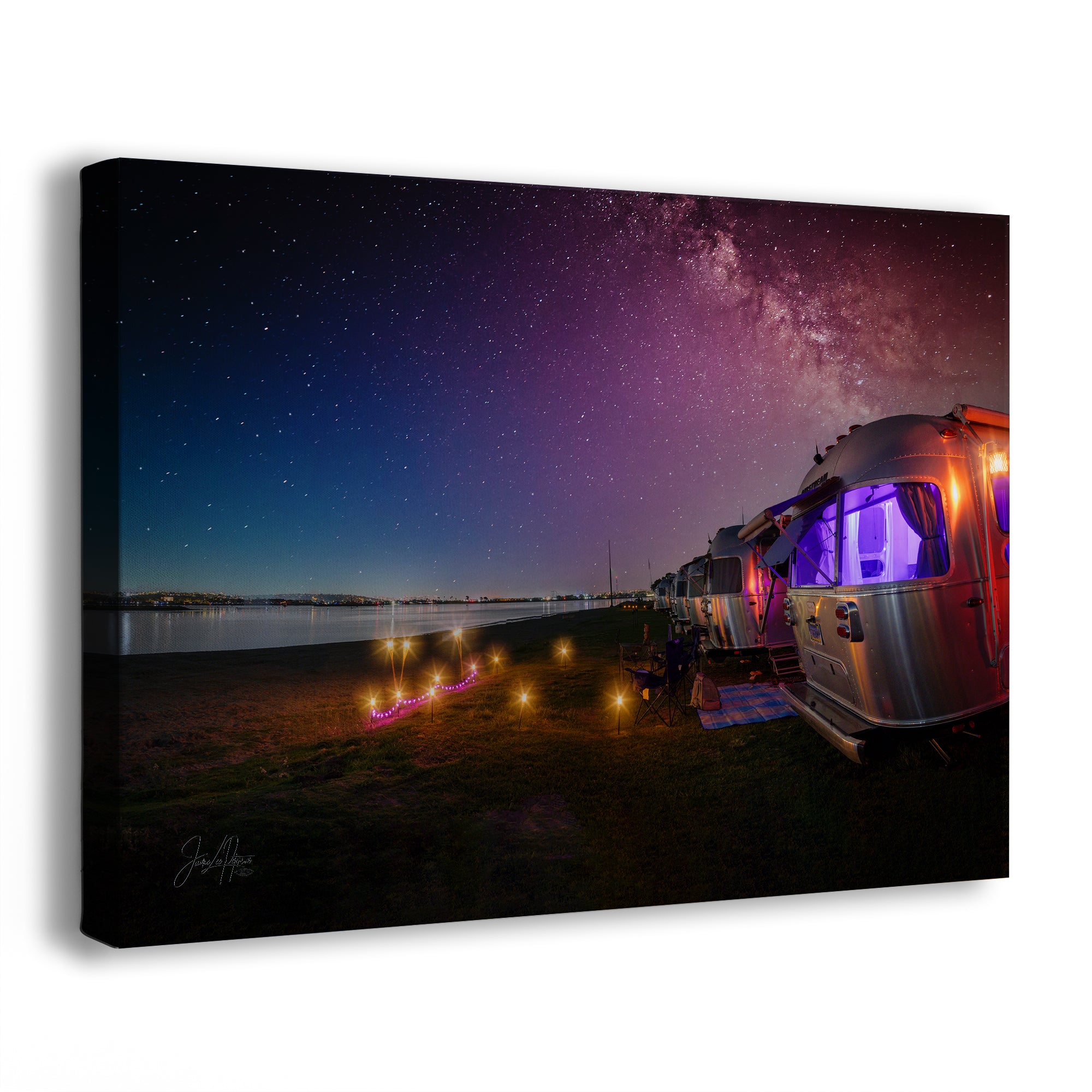 Airstream Travel Trailer Art Night Scene in San Diego, California Campsite Camping Decoration in Canvas, Paper, and Metal Wall Art