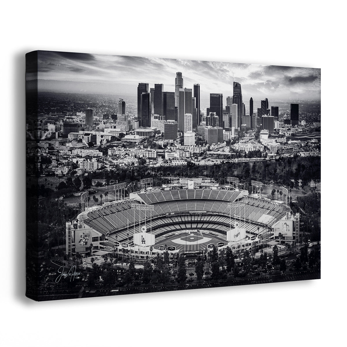 Black and white canvas print of Dodger Stadium and the downtown Los Angeles skyline, monochrome baseball wall art