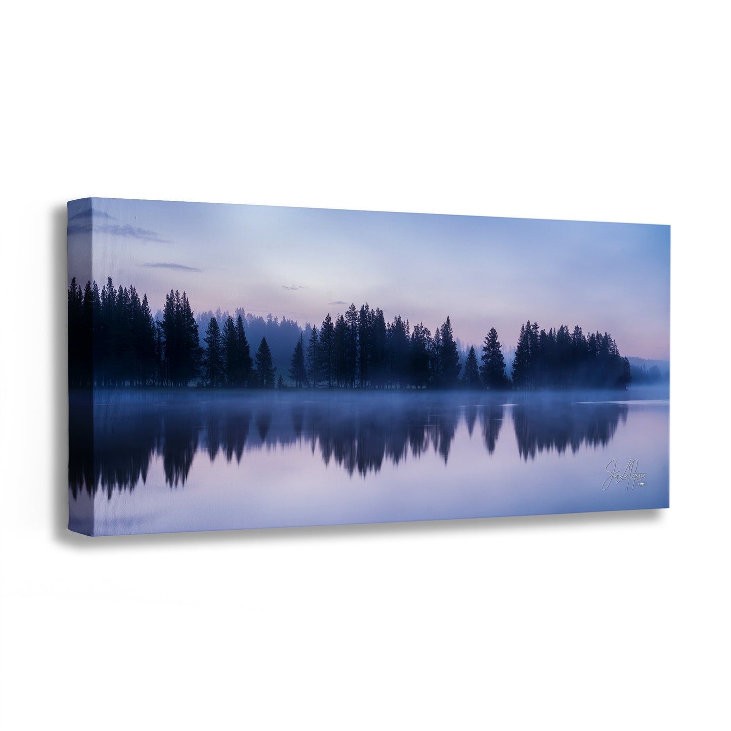 Yellowstone Lake Foggy Forest Picture, Reflection Nature Photo, Wyoming Landscape Relaxation Artwork for Meditation, Office, & House Decor