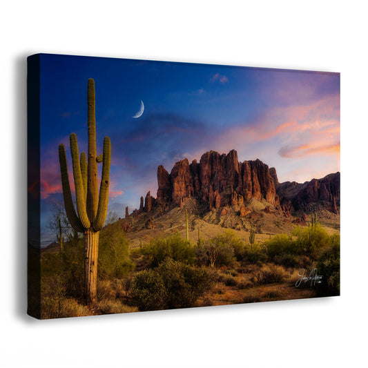 Arizona Desert Picture Sunset, Saguaro Cactus Artwork Nature Photo, Southwestern Wall Art of Superstition Mountains at Lost Dutchman State Park