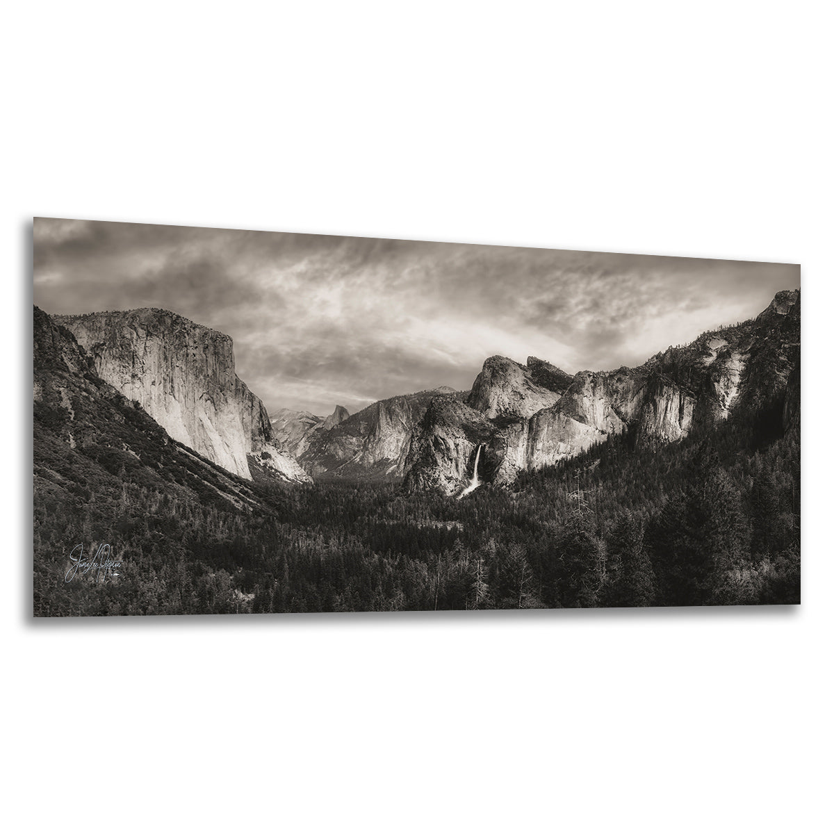 A panoramic black and white landscape photograph of Yosemite Valley, featuring El Capitan, the valley floor forest, and a dramatic cloudy sky, presented as a metal wall art print on a white background.