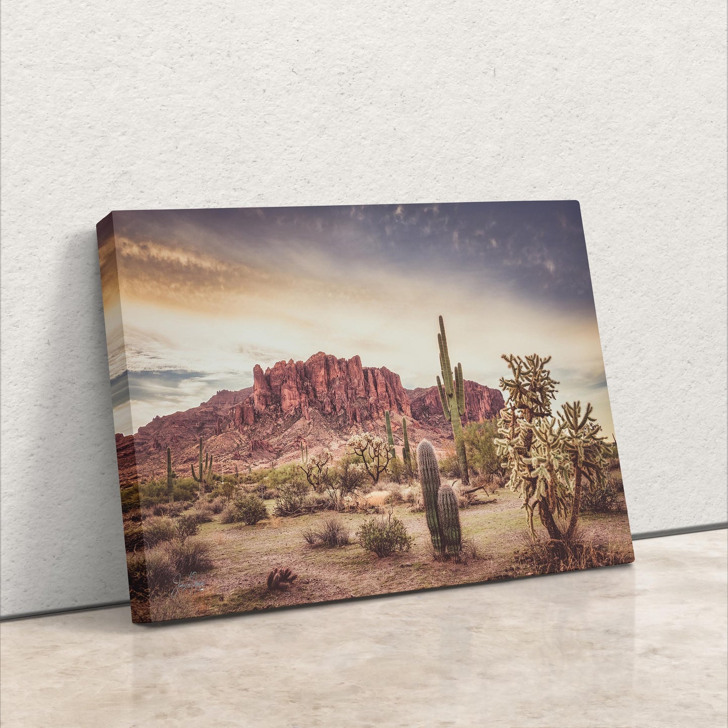 Arizona Desert Saguaro Boho Wall Art, Western Wall Decoration, Superstition Mountains, Lost Dutchman State Park, Paper, Canvas, and Metal