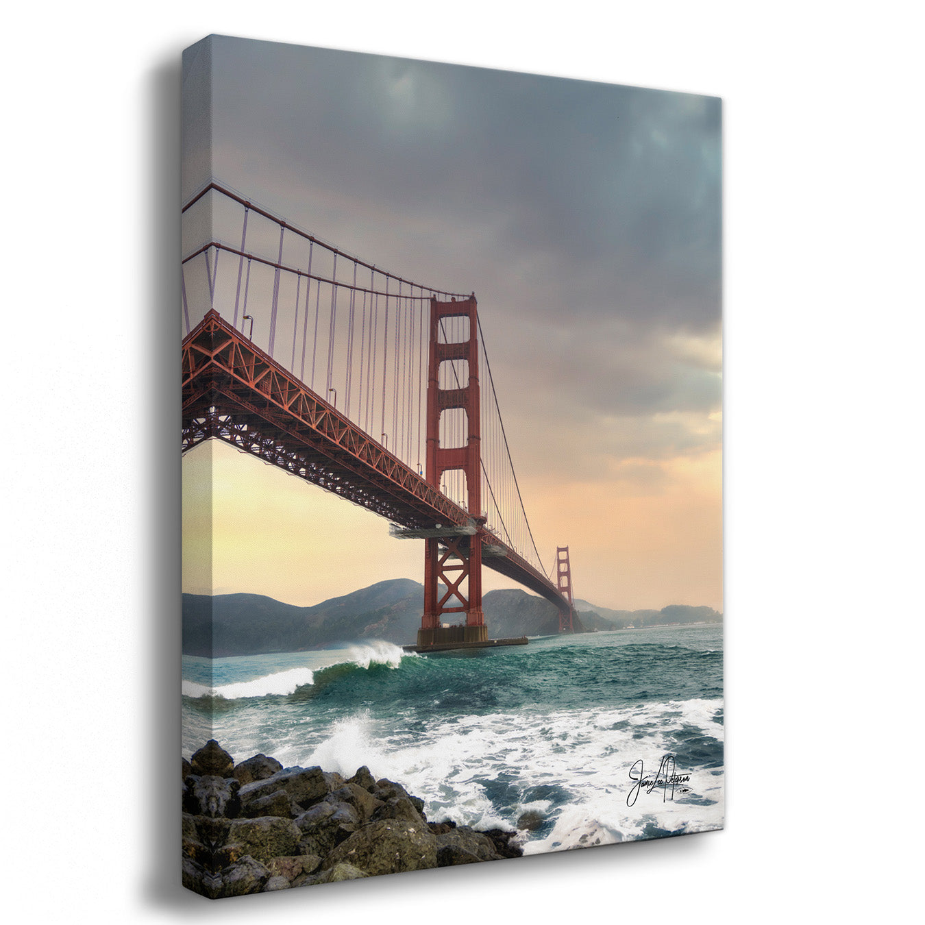 A vertical canvas wall art print depicting the Golden Gate Bridge over ocean waves, shown at a slight angle against a plain white background.
