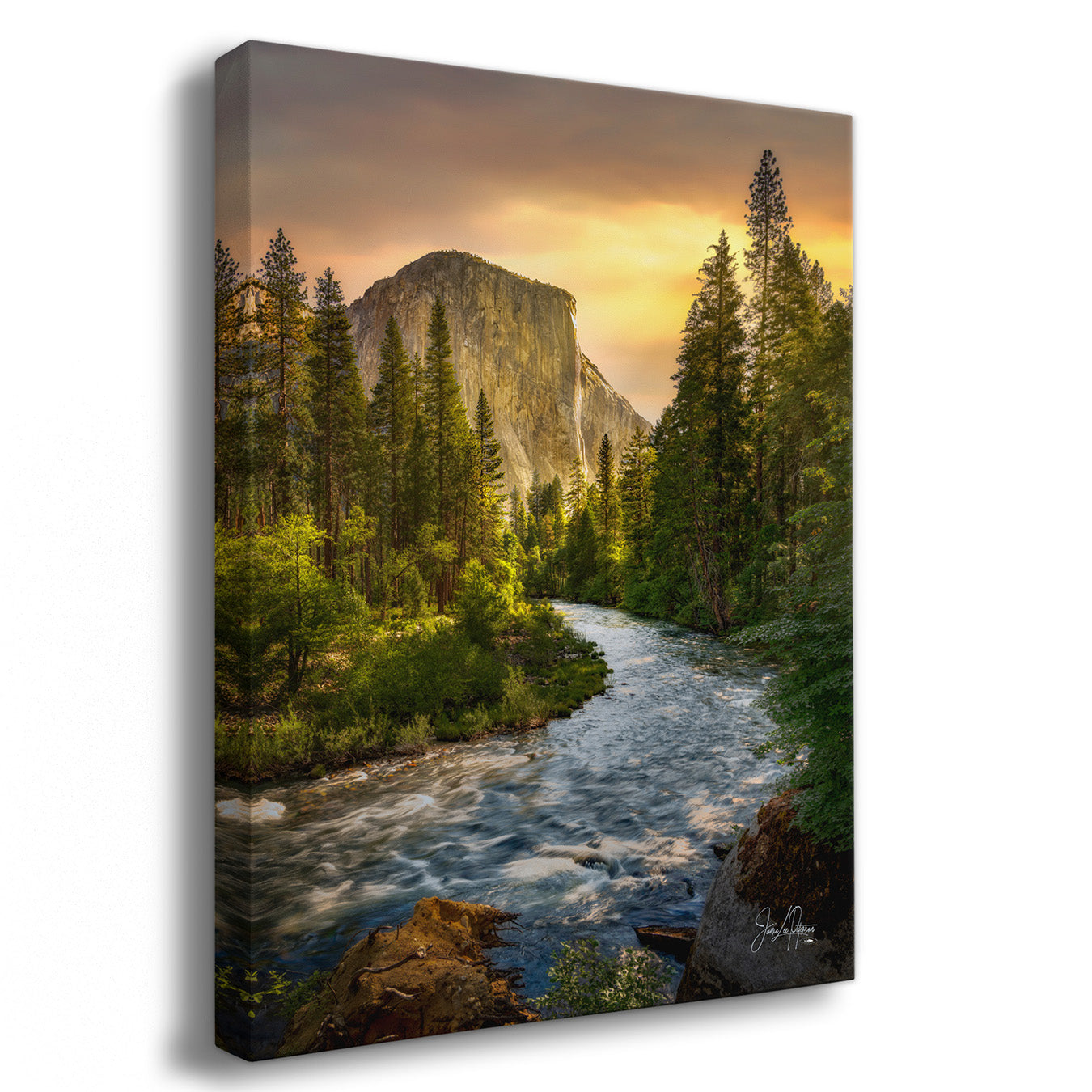 Canvas print of a mountain landscape with a river and trees